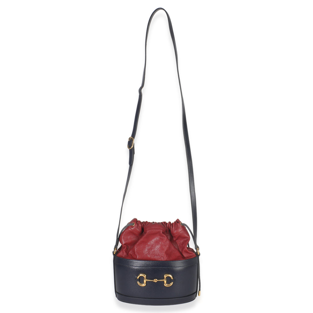 Gucci Red Navy Calfskin Horsebit 1955 Drawstring Bucket Bag