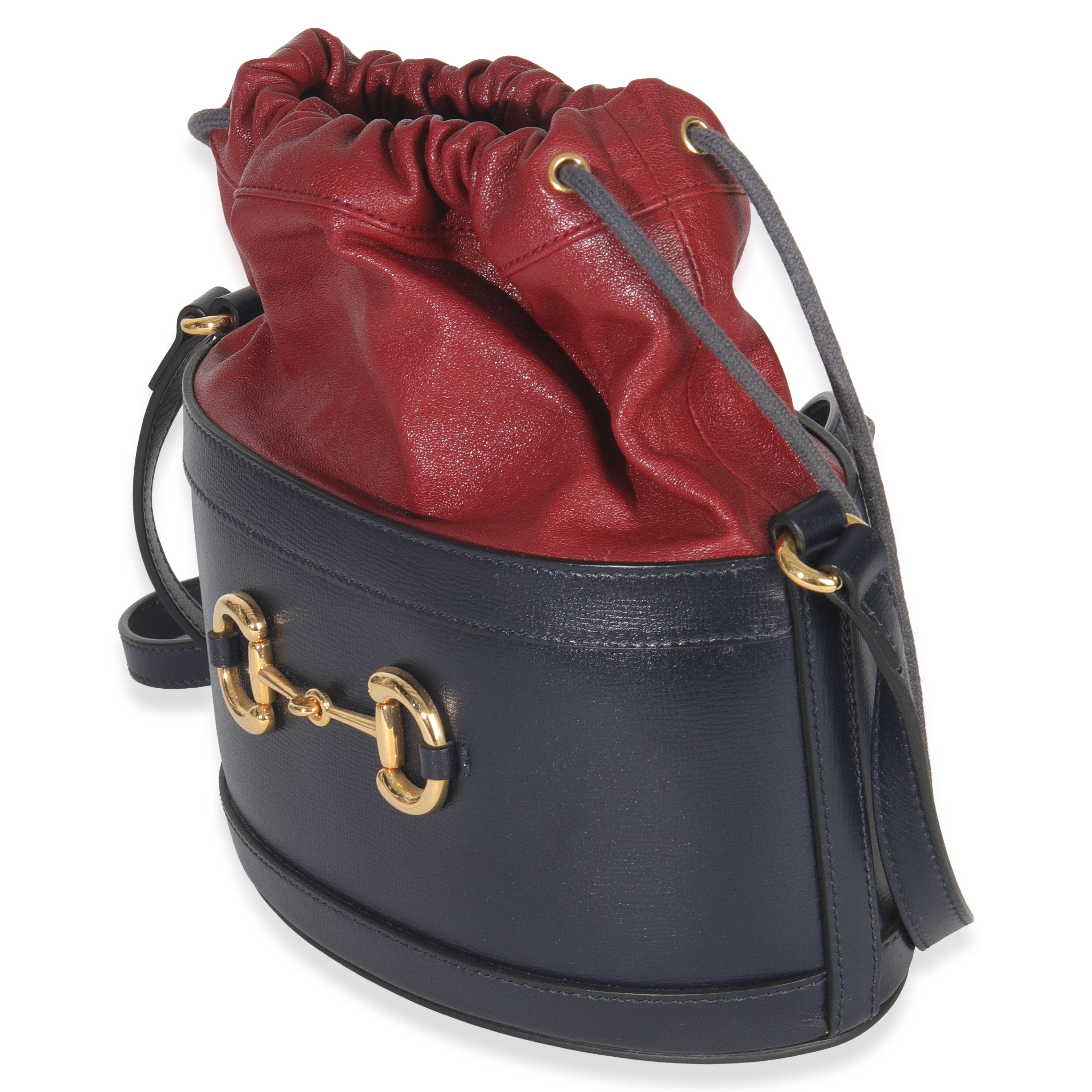 Gucci Red Navy Calfskin Horsebit 1955 Drawstring Bucket Bag