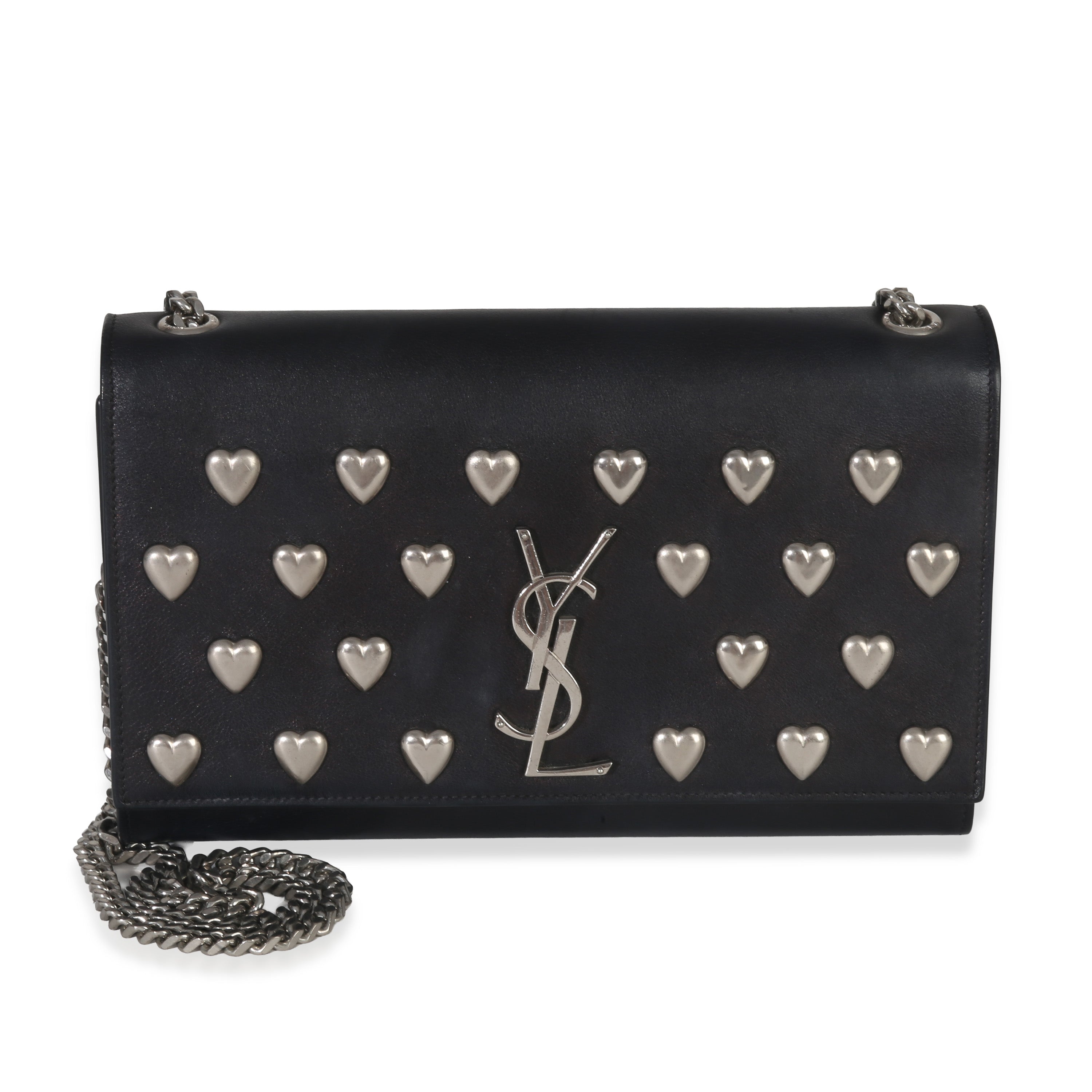 Saint Laurent Black Smooth Calfskin Studded Heart Medium Kate Chain Bag