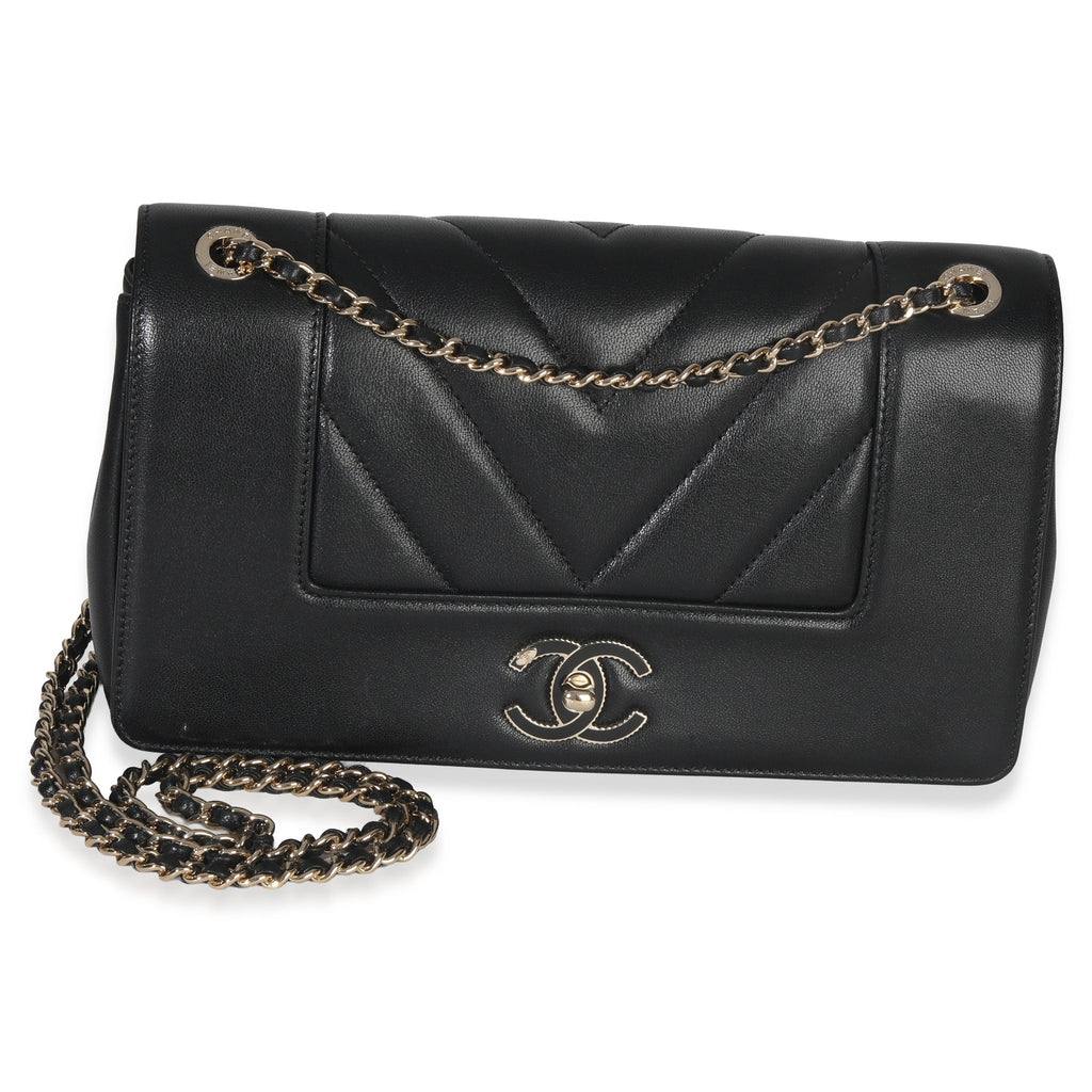 Chanel Vintage Black Chevron Quilted Sheepskin Medium Mademoiselle Flap Bag
