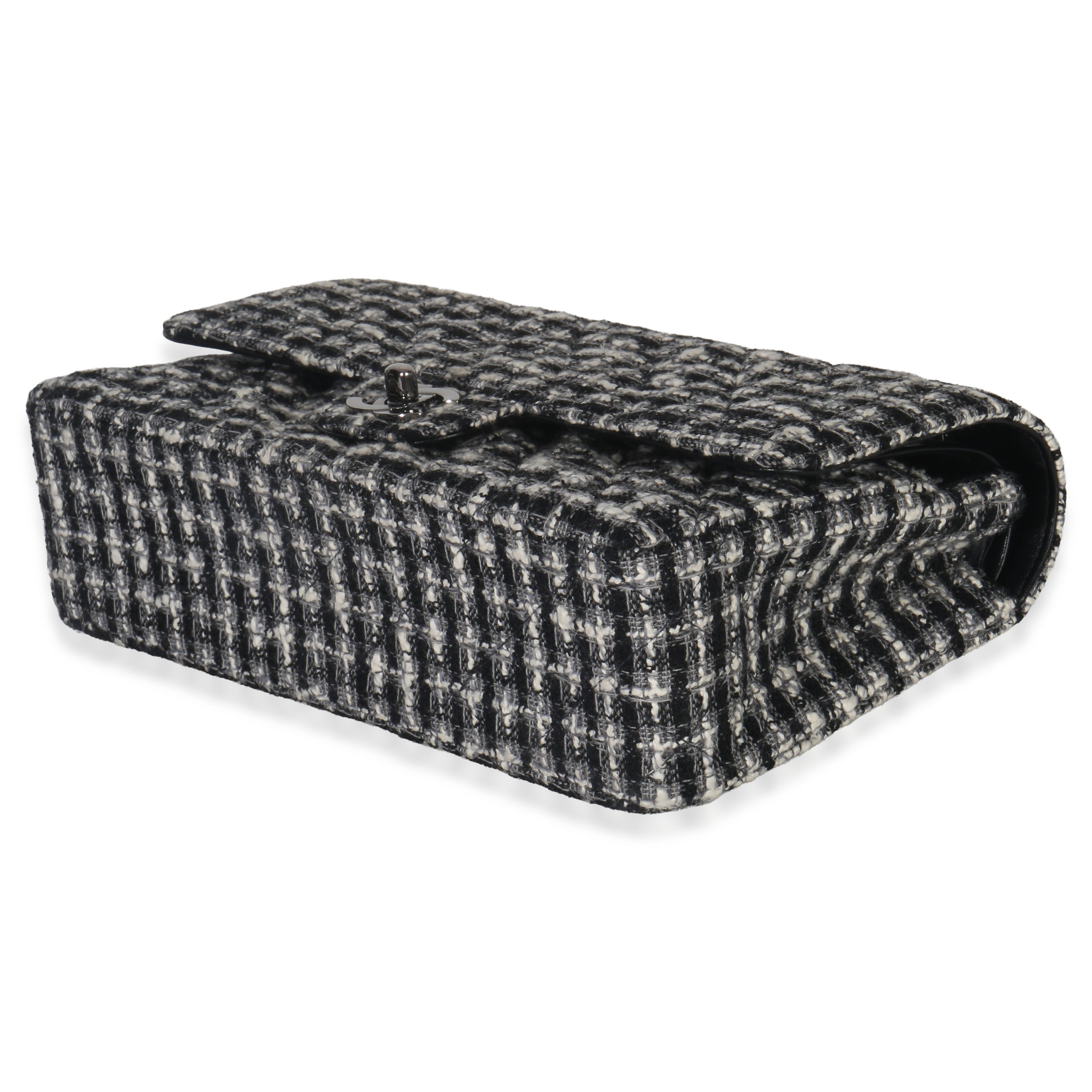 Chanel Black White Tweed Quilted Medium Classic Double Flap