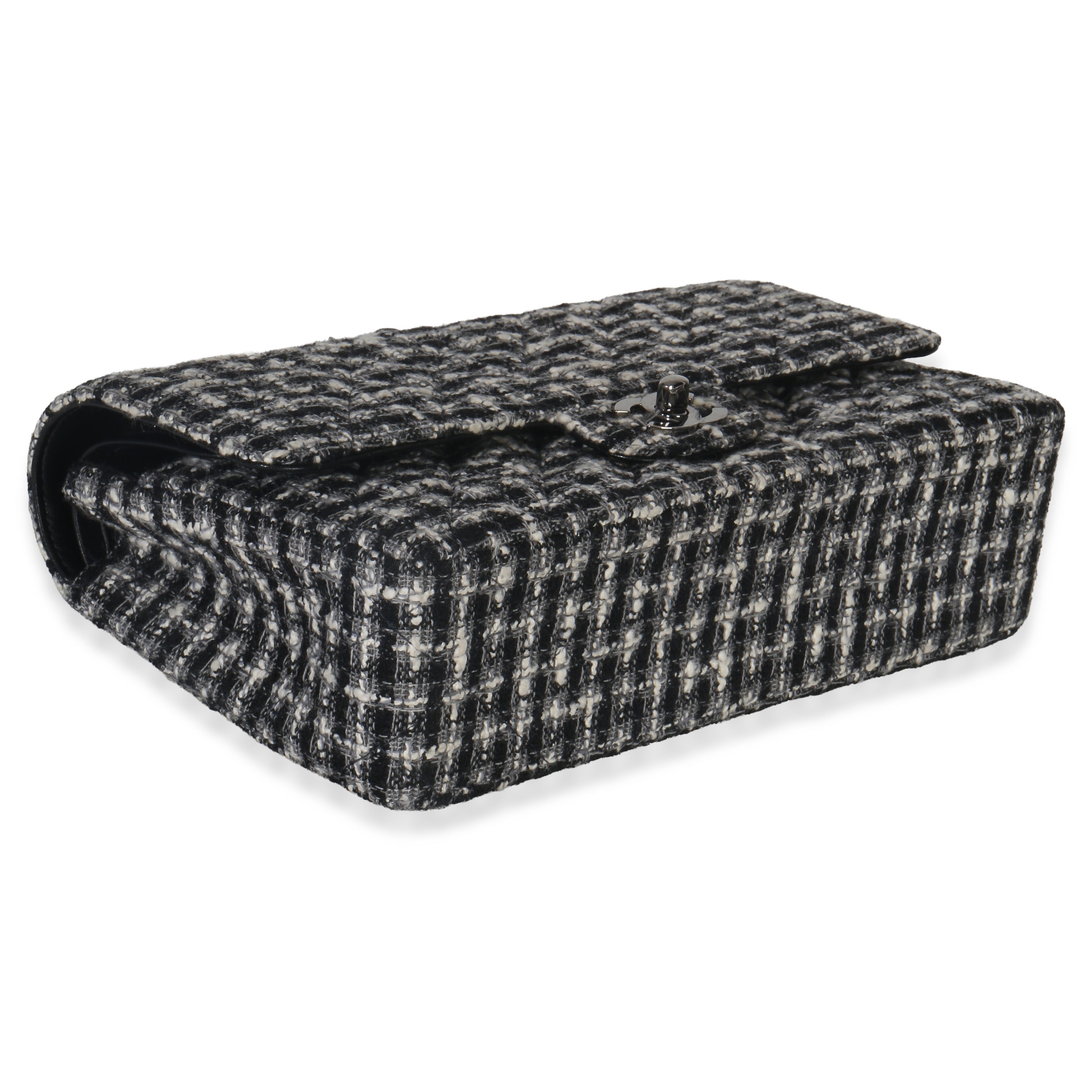 Chanel Black White Tweed Quilted Medium Classic Double Flap