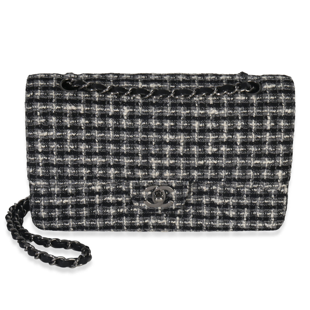 Chanel Black White Tweed Quilted Medium Classic Double Flap