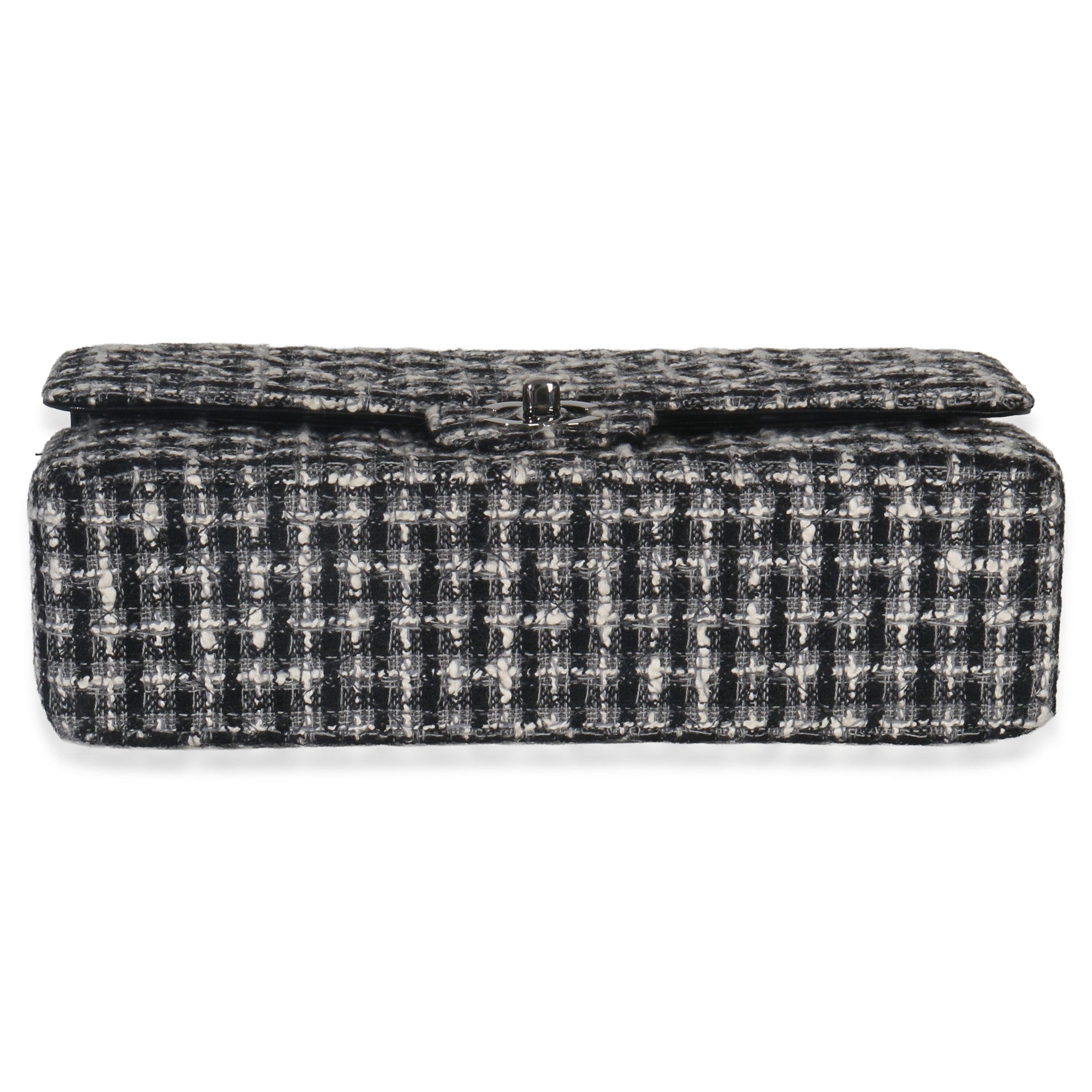 Chanel Black White Tweed Quilted Medium Classic Double Flap