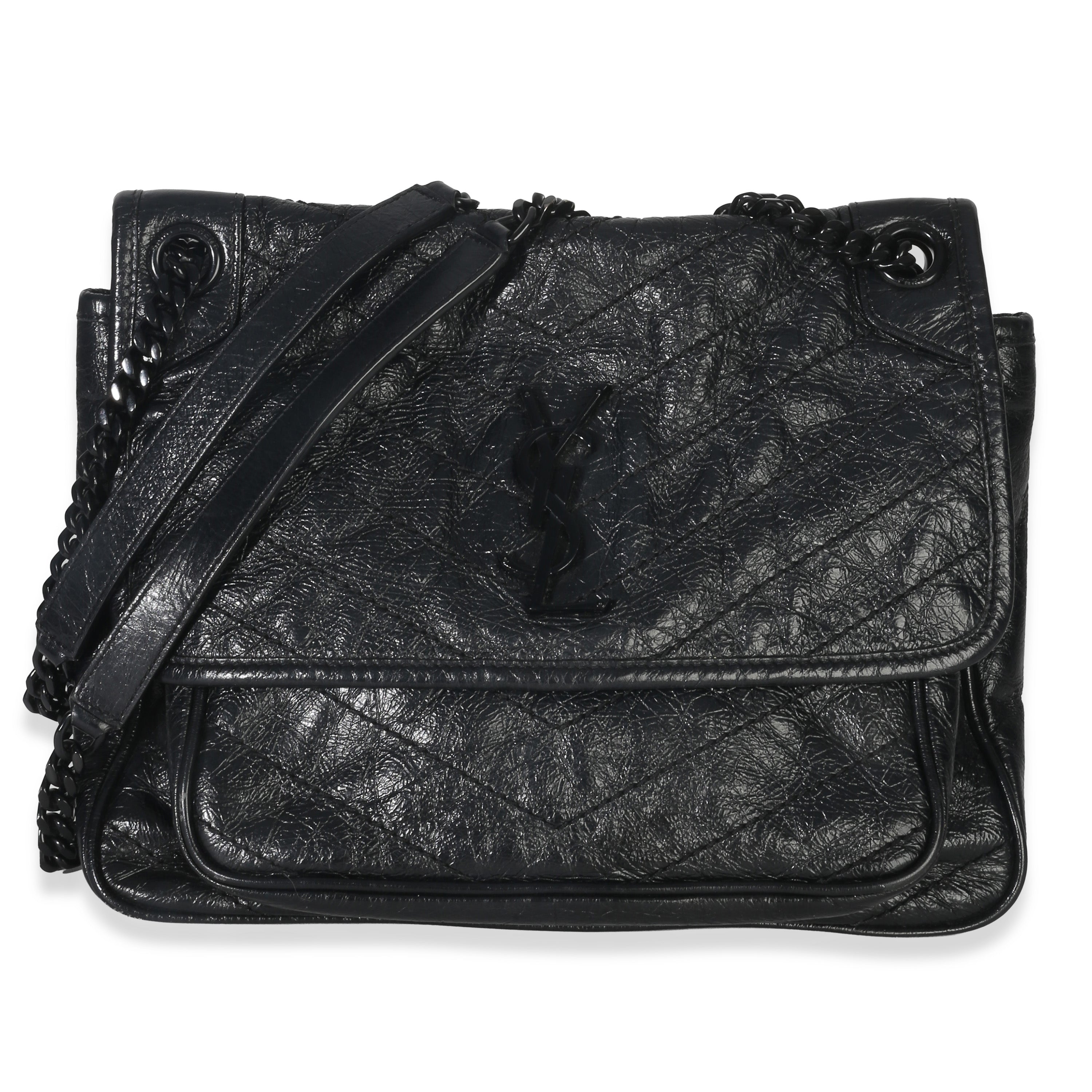 Saint Laurent Black Crinkled Calfskin Matelasse Medium Niki Chain Satchel