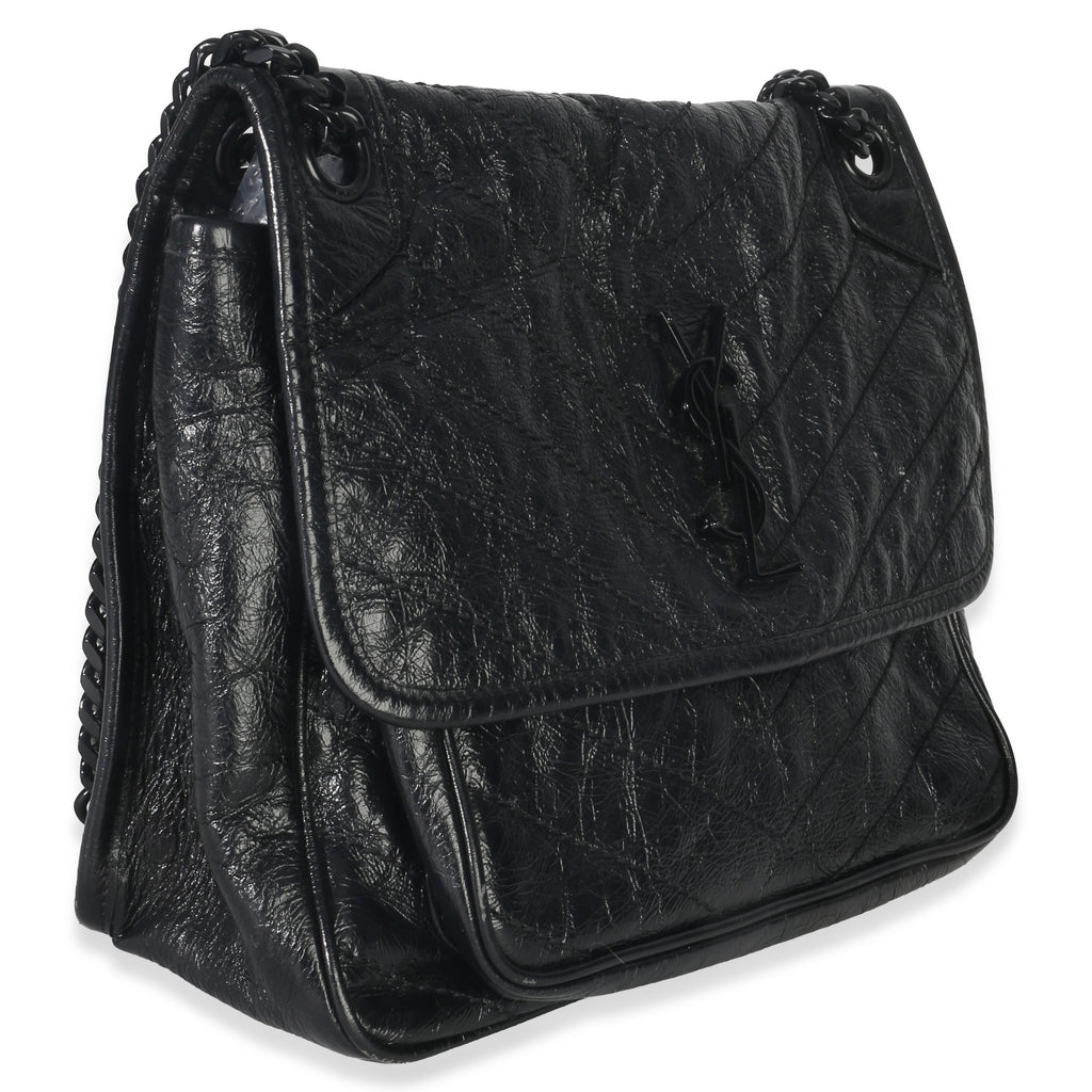 Saint Laurent Black Crinkled Calfskin Matelasse Medium Niki Chain Satchel