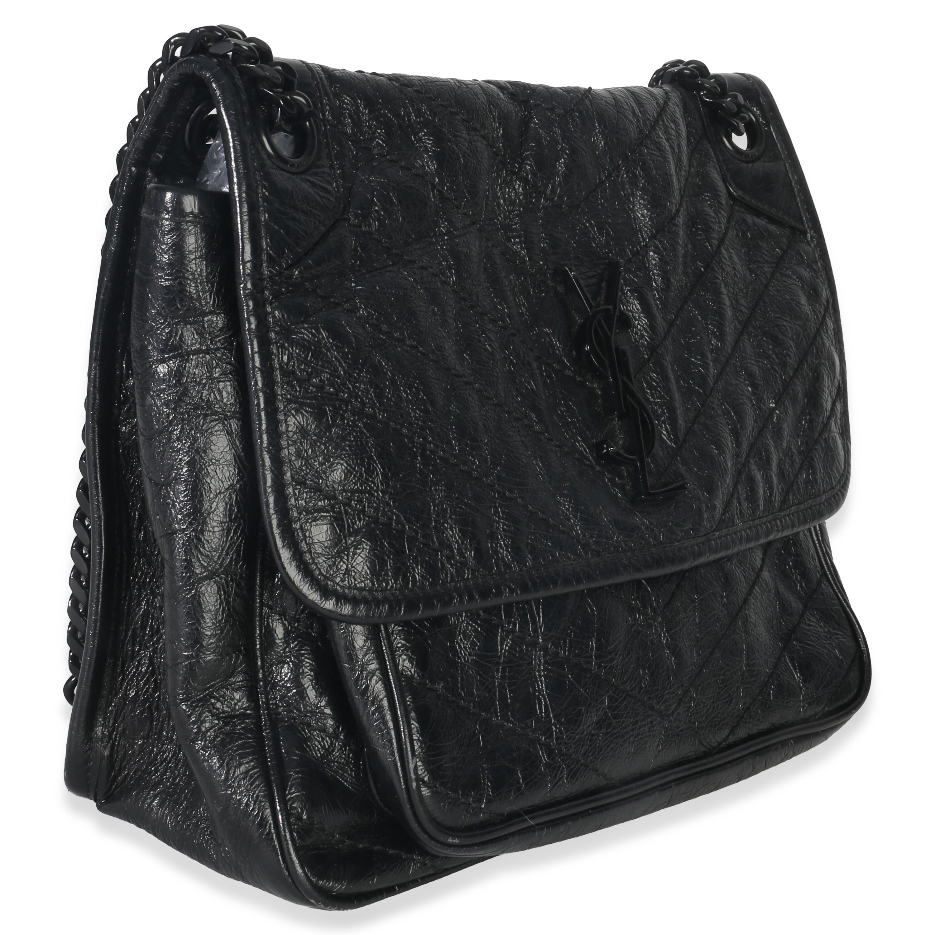 Saint Laurent Black Crinkled Calfskin Matelasse Medium Niki Chain Satchel