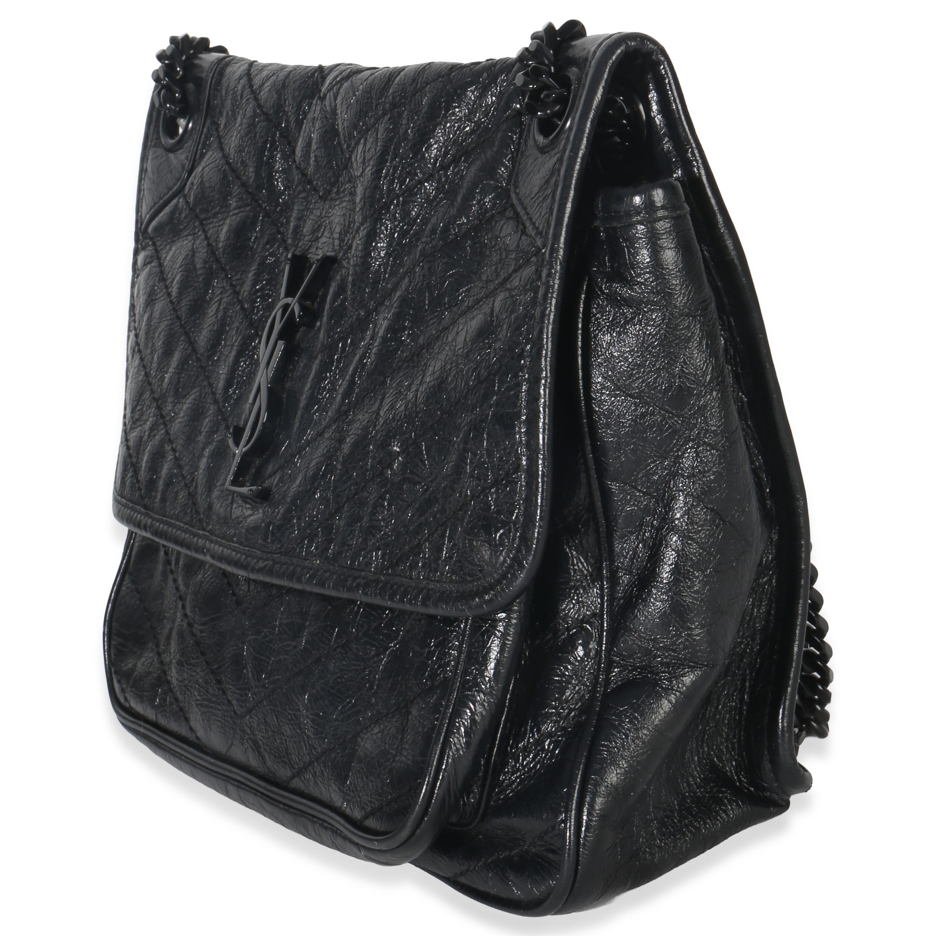 Saint Laurent Black Crinkled Calfskin Matelasse Medium Niki Chain Satchel