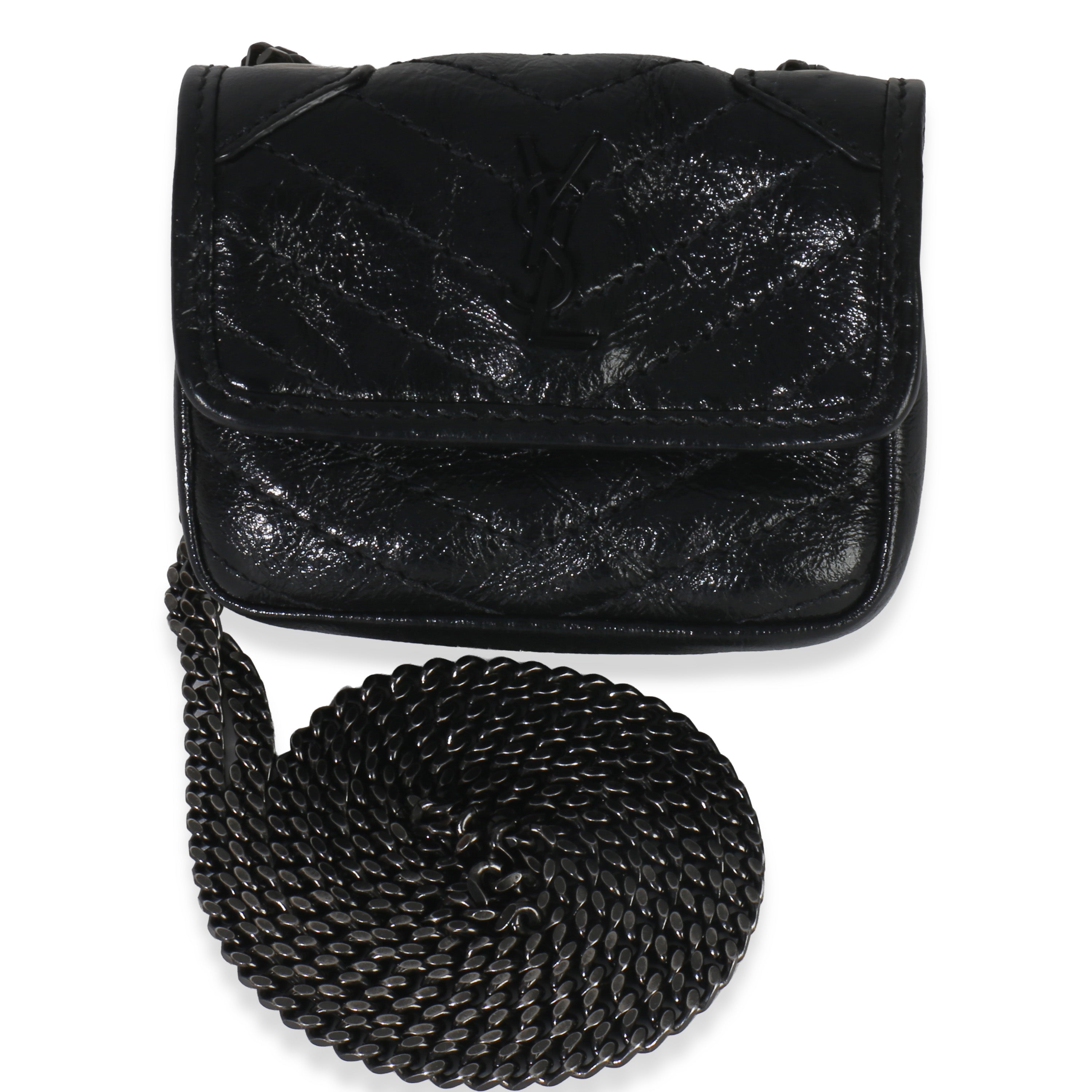 Saint Laurent Black Crinkled Calfskin Matelasse Micro Niki Airpods Case