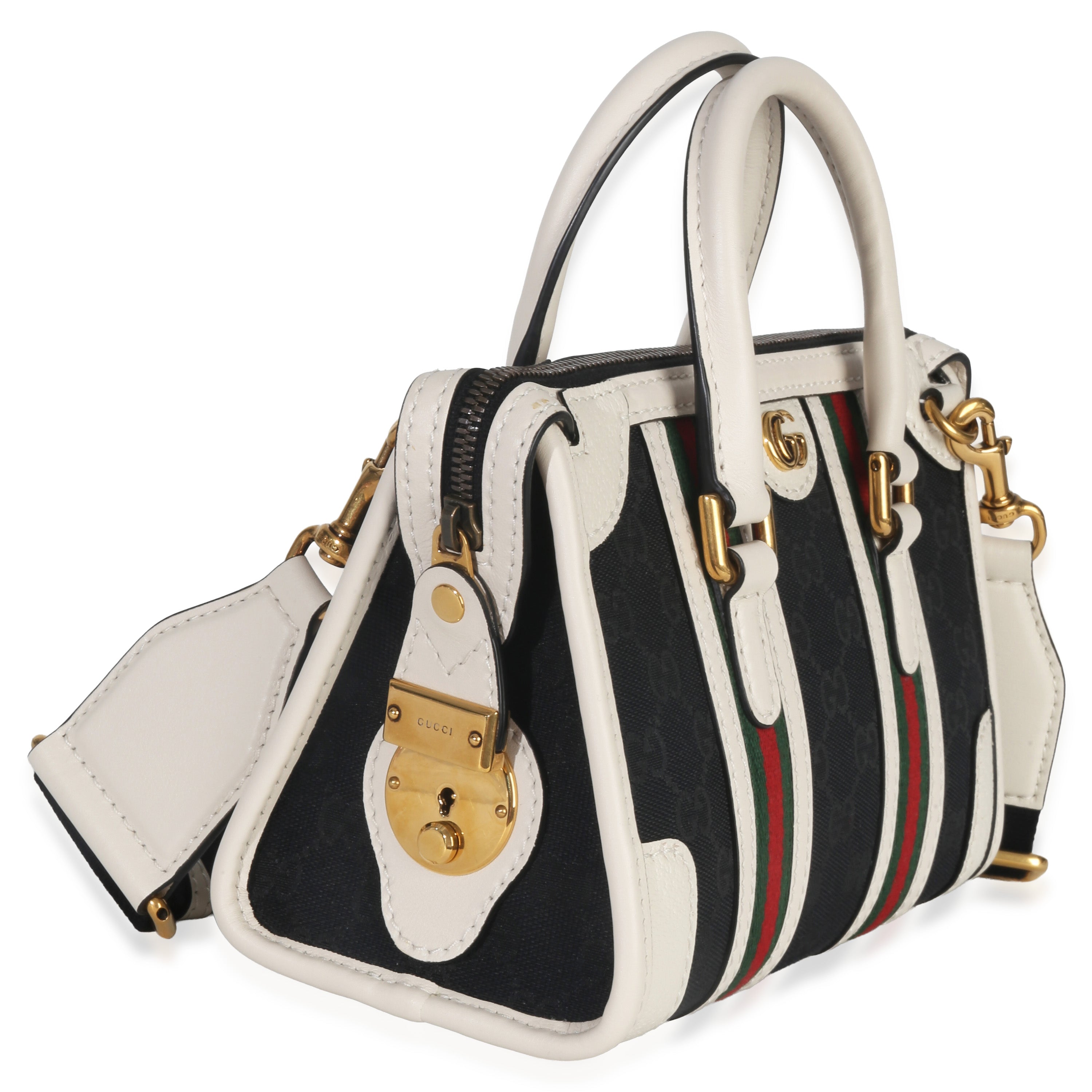 Gucci Black White Canvas Mini Double G Top Handle Bag
