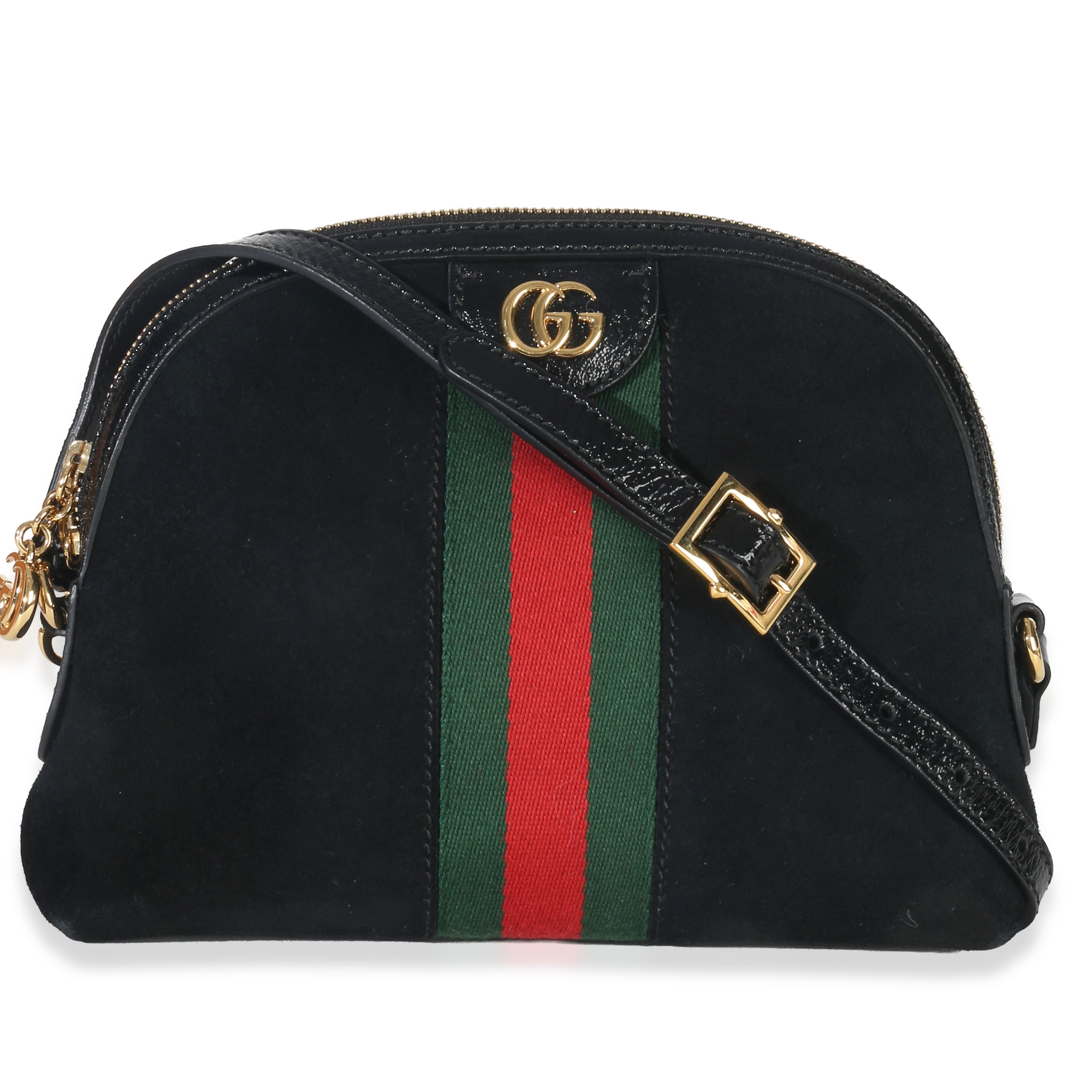 Gucci Black Suede Patent Web Small Ophidia Dome Bag