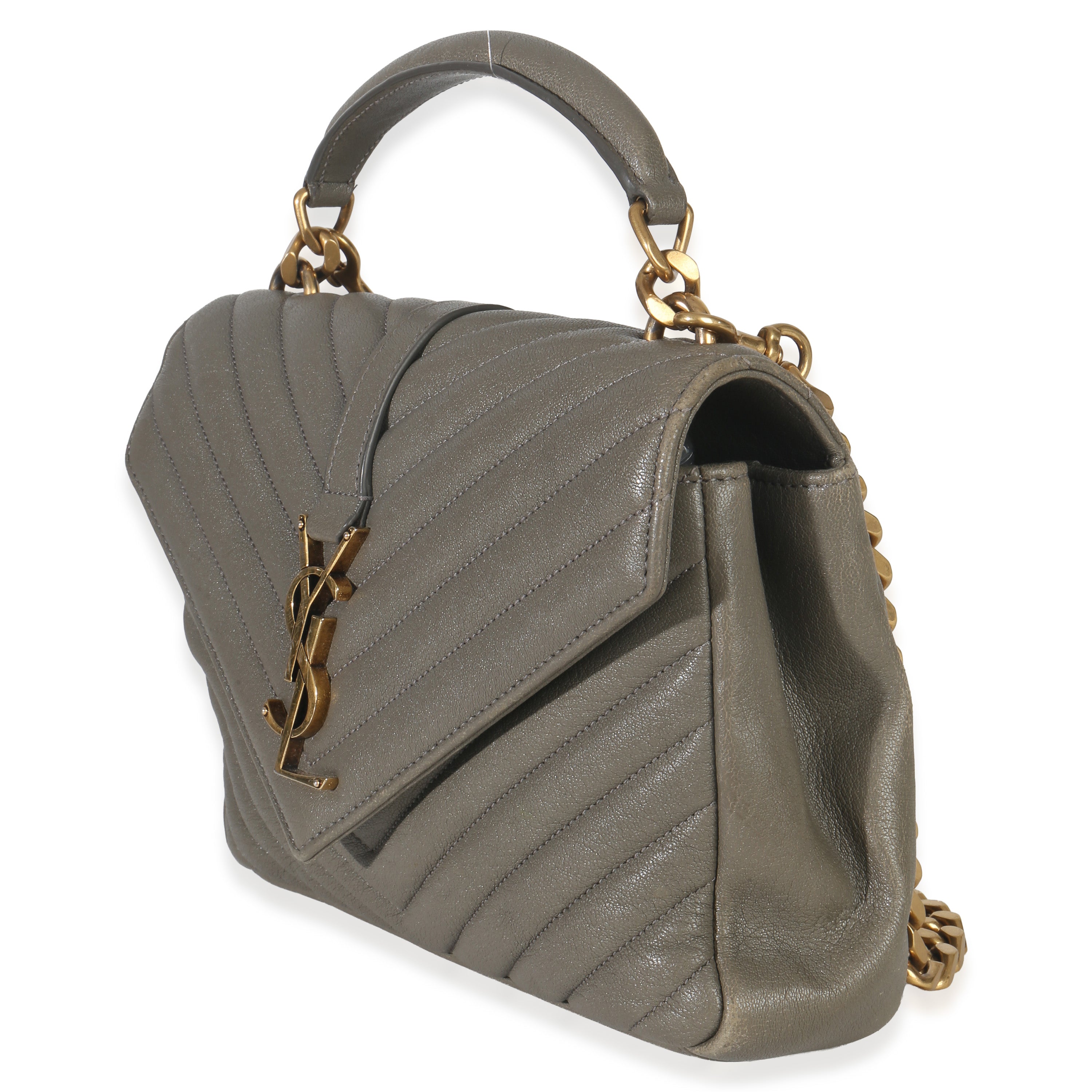 Saint Laurent Taupe Sheepskin Matelasse Chevron Monogram Medium College Bag