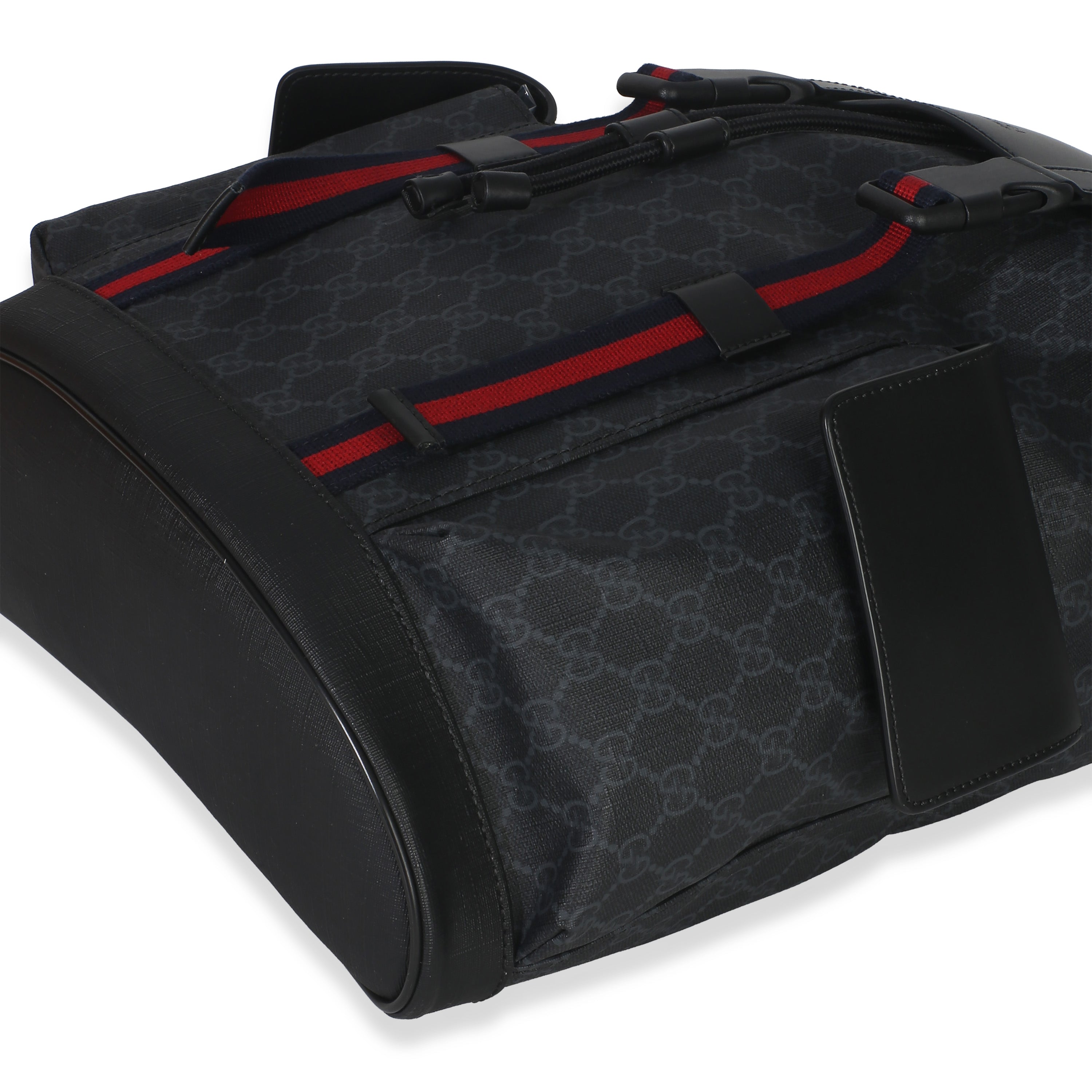 Gucci Black Soft GG Supreme Calfskin Web Double Buckle Backpack