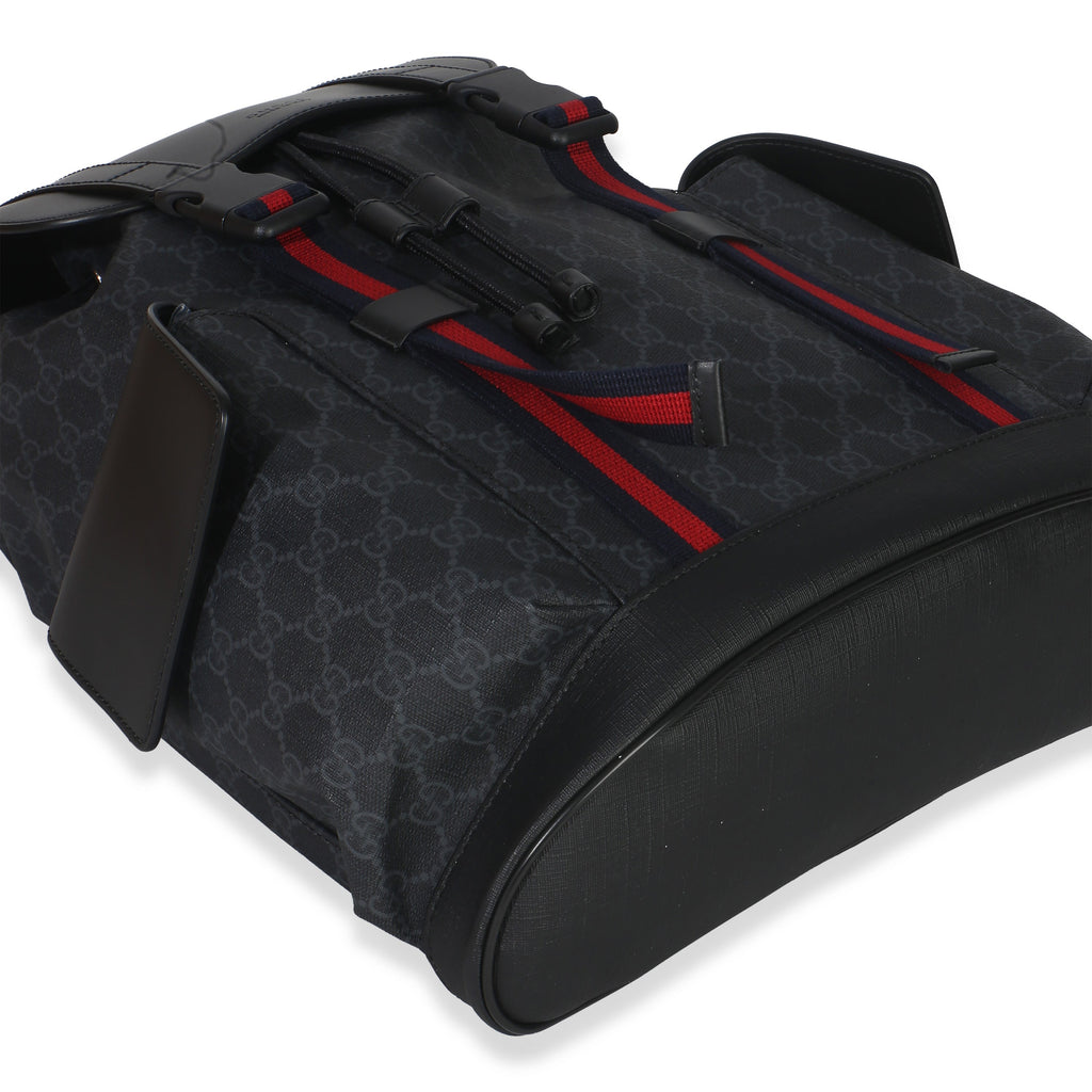 Gucci Black Soft GG Supreme Calfskin Web Double Buckle Backpack