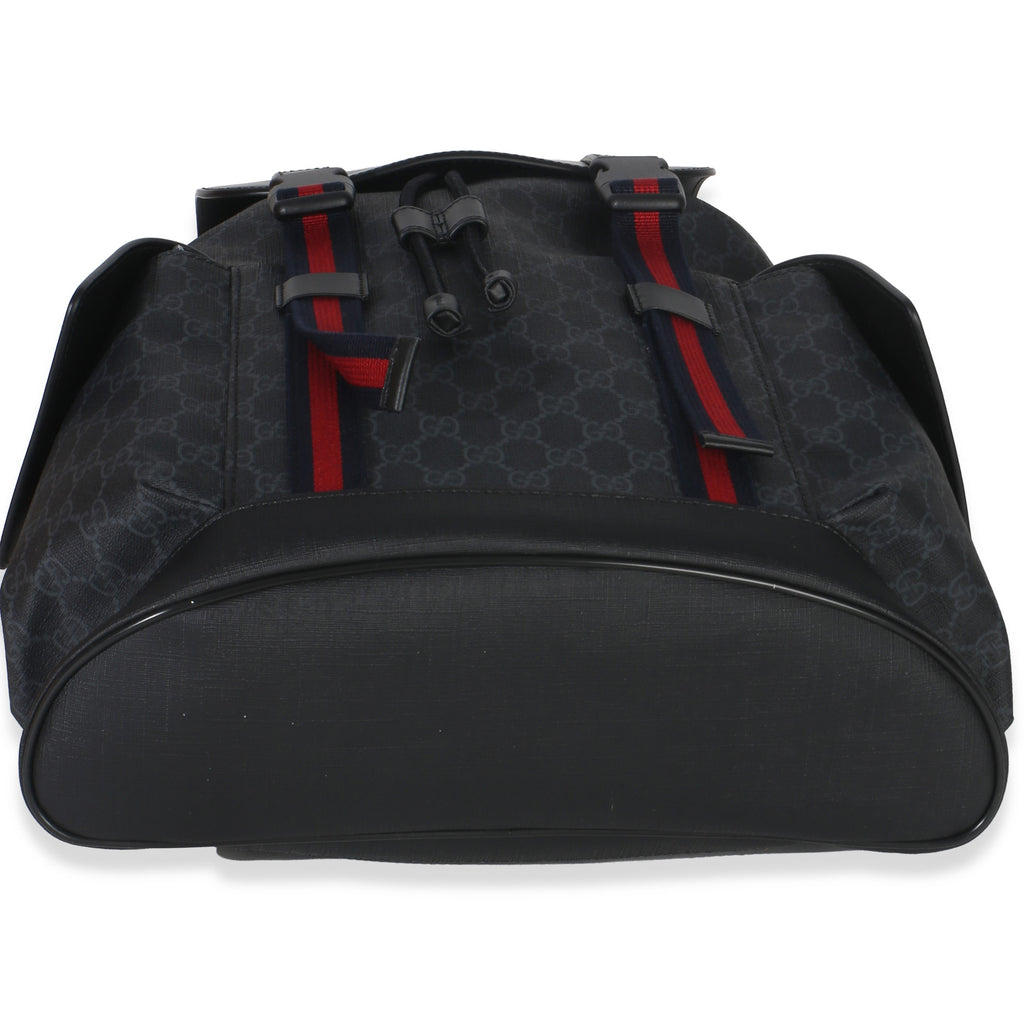 Gucci Black Soft GG Supreme Calfskin Web Double Buckle Backpack