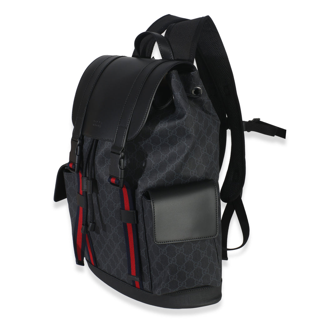 Gucci Black Soft GG Supreme Calfskin Web Double Buckle Backpack