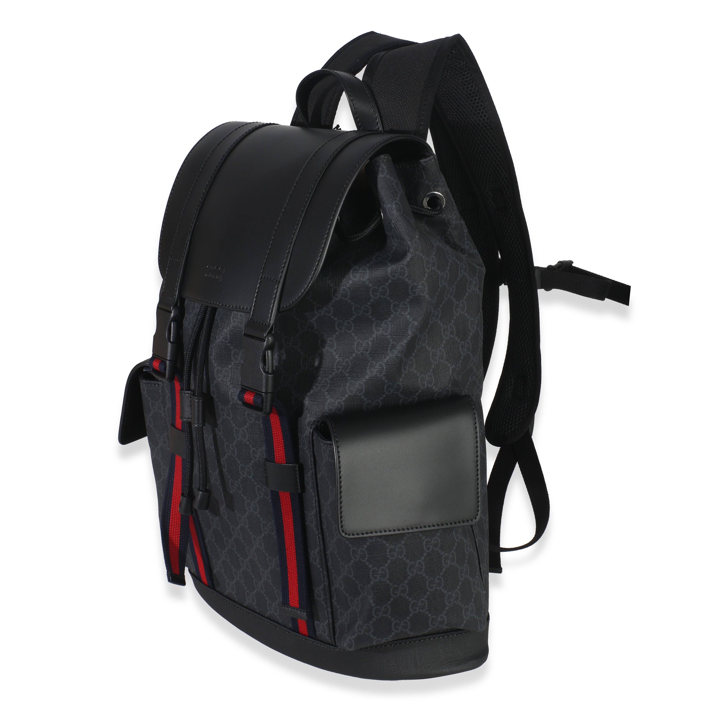 Gucci Black Soft GG Supreme Calfskin Web Double Buckle Backpack