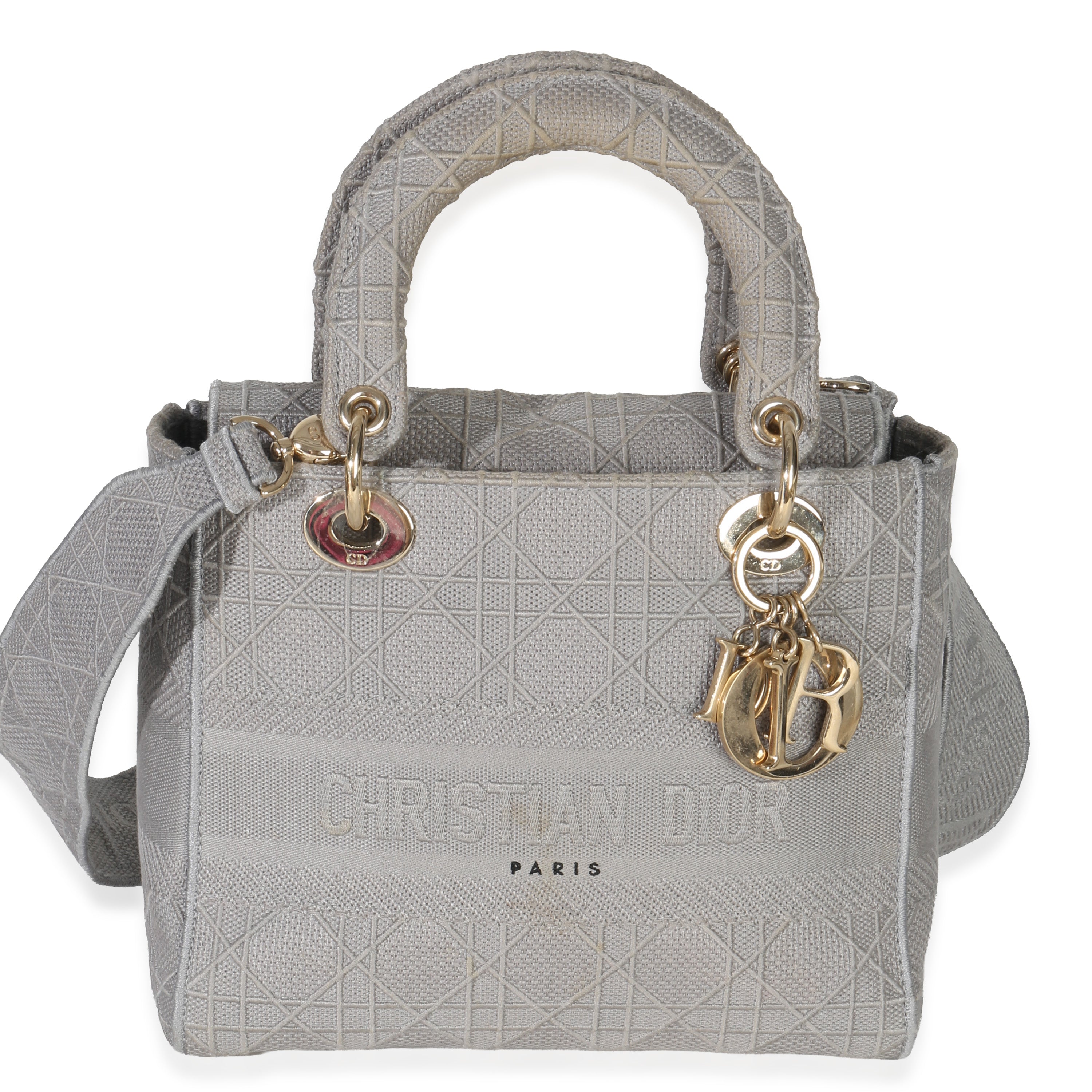 Christian Dior Gray Canvas Cannage Embroidered Medium Lady D-Lite Bag