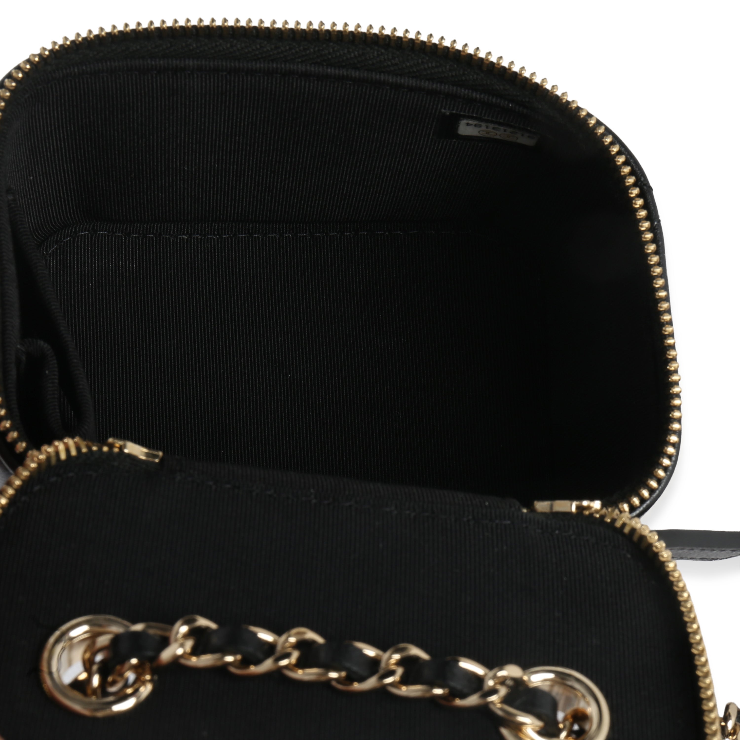 Chanel Black Quilted Lambskin Camellia Bow Chain Mini Vanity Case