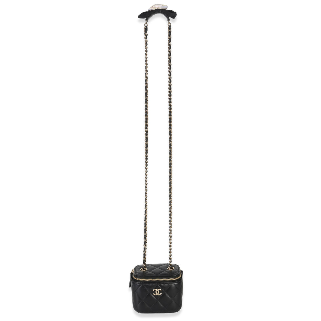 Chanel Black Quilted Lambskin Camellia Bow Chain Mini Vanity Case