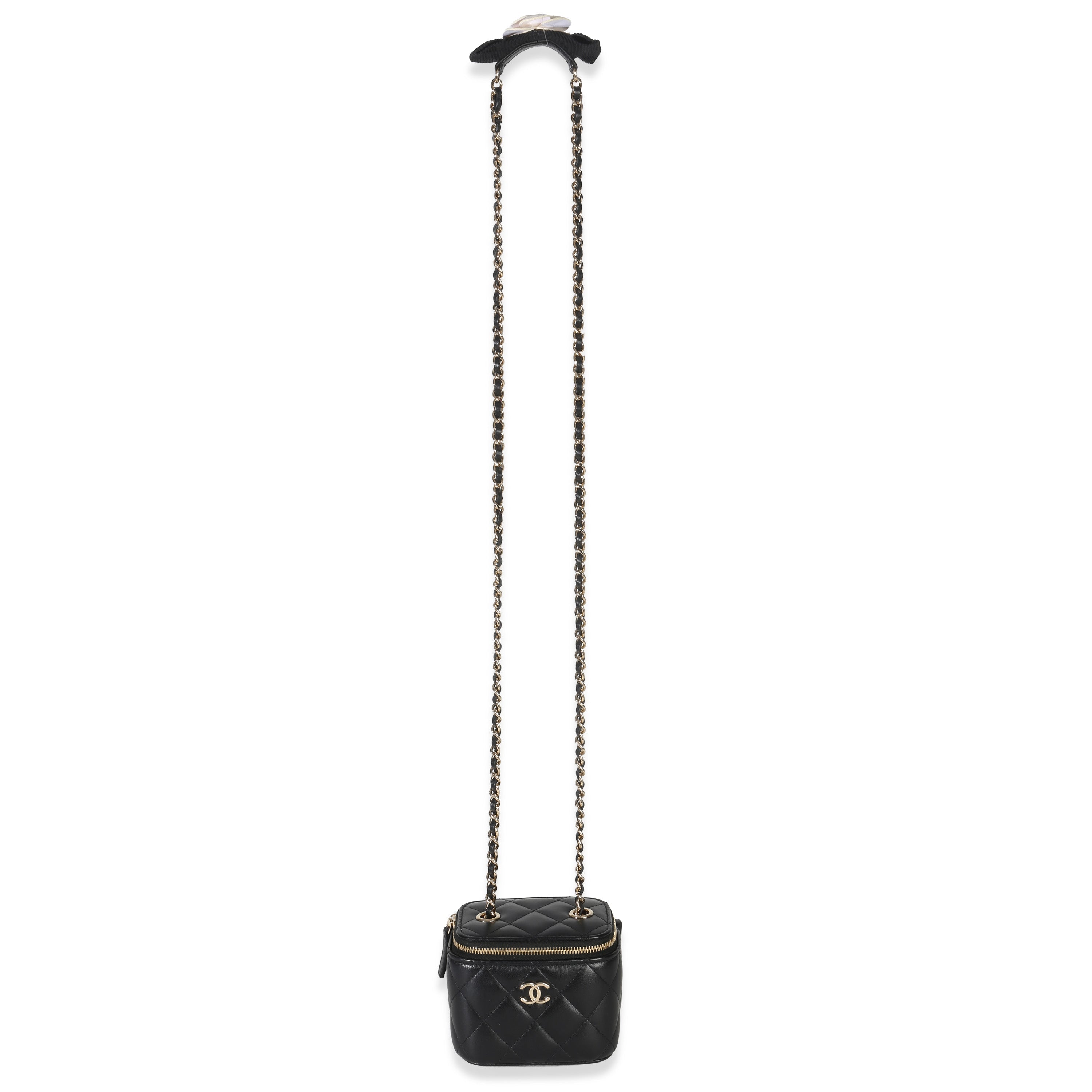Chanel Black Quilted Lambskin Camellia Bow Chain Mini Vanity Case