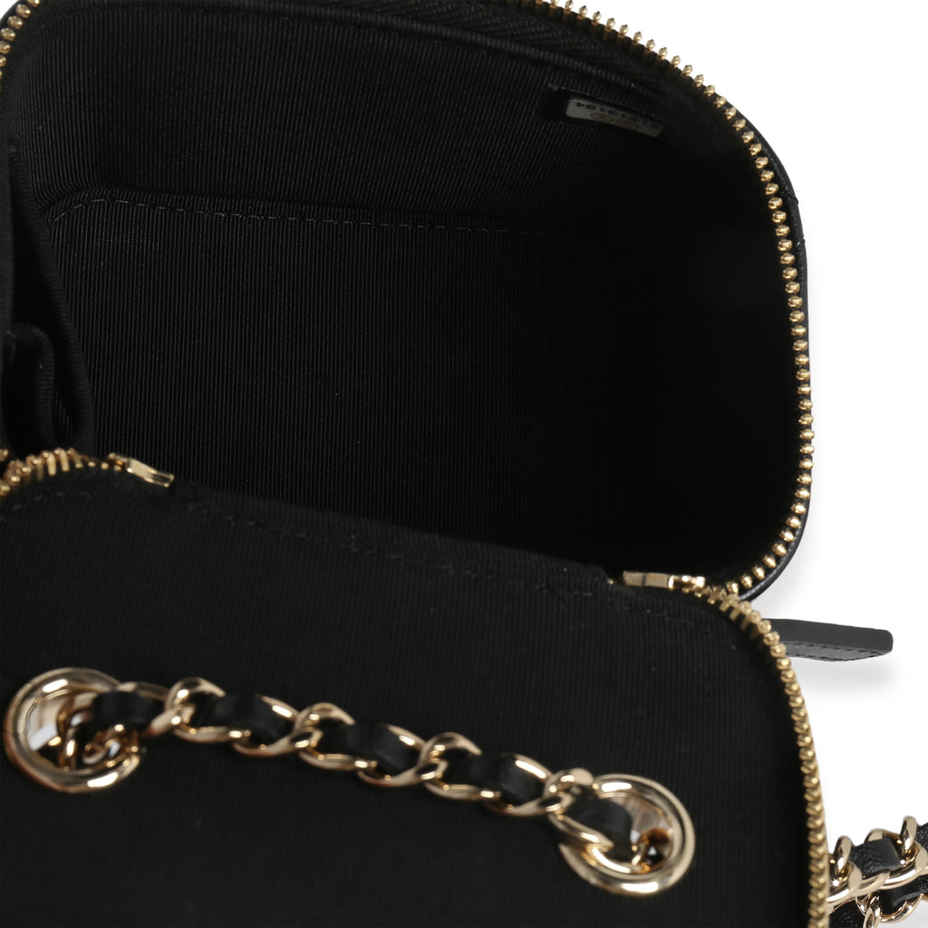 Chanel Black Quilted Lambskin Camellia Bow Chain Mini Vanity Case