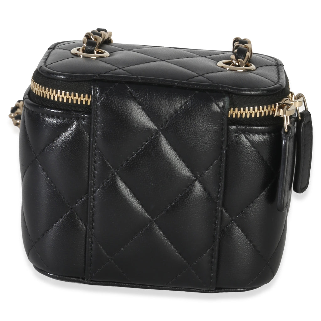Chanel Black Quilted Lambskin Camellia Bow Chain Mini Vanity Case