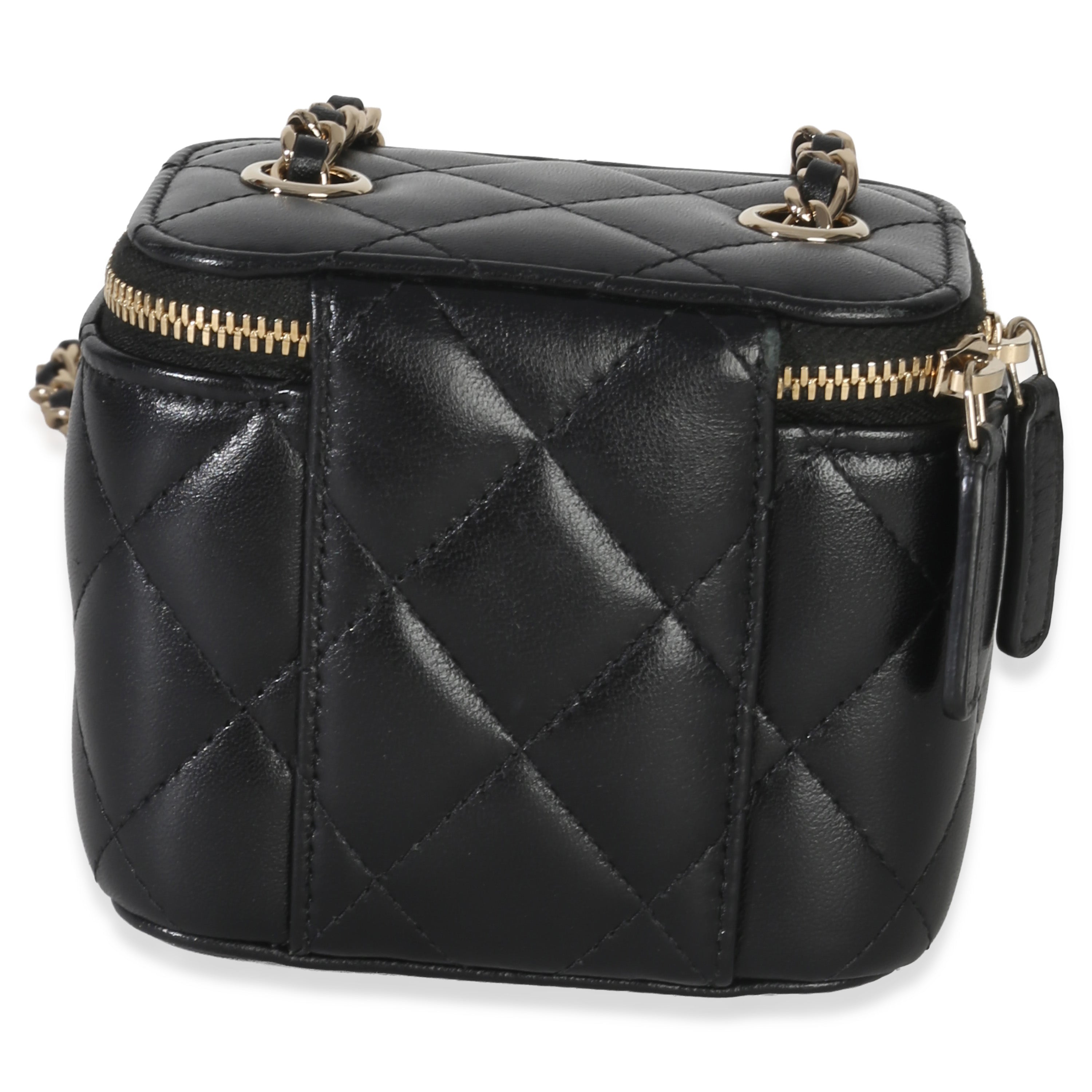 Chanel Black Quilted Lambskin Camellia Bow Chain Mini Vanity Case