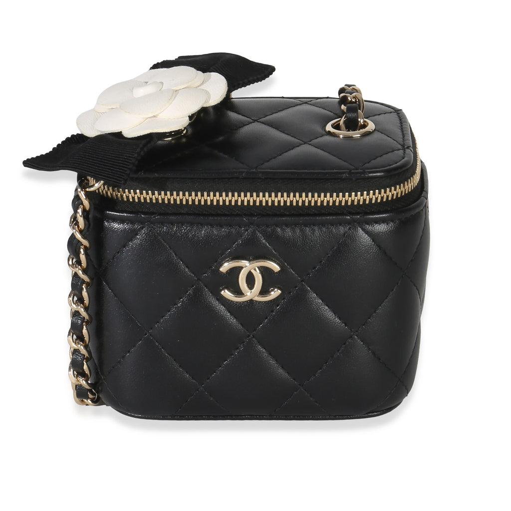 Chanel Black Quilted Lambskin Camellia Bow Chain Mini Vanity Case