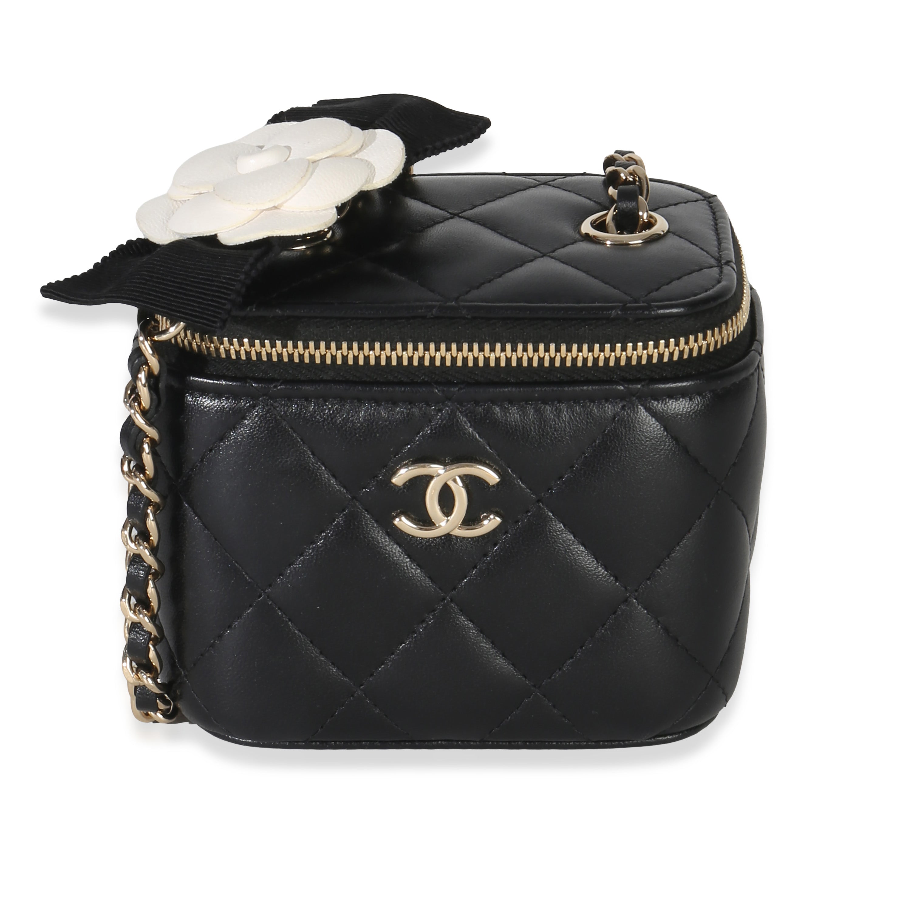 Chanel Black Quilted Lambskin Camellia Bow Chain Mini Vanity Case