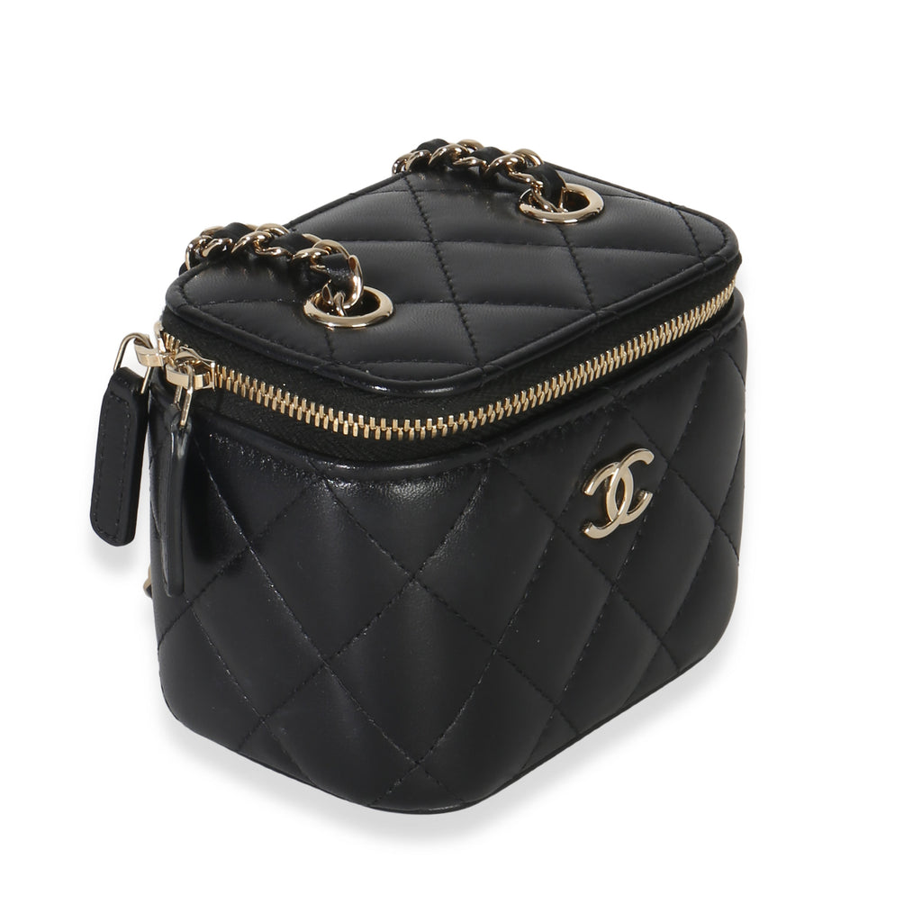 Chanel Black Quilted Lambskin Camellia Bow Chain Mini Vanity Case
