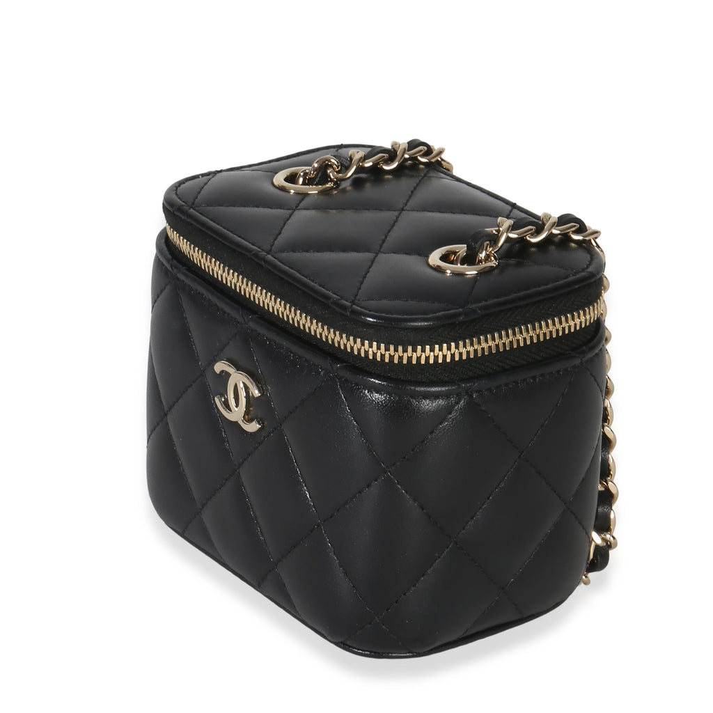 Chanel Black Quilted Lambskin Camellia Bow Chain Mini Vanity Case