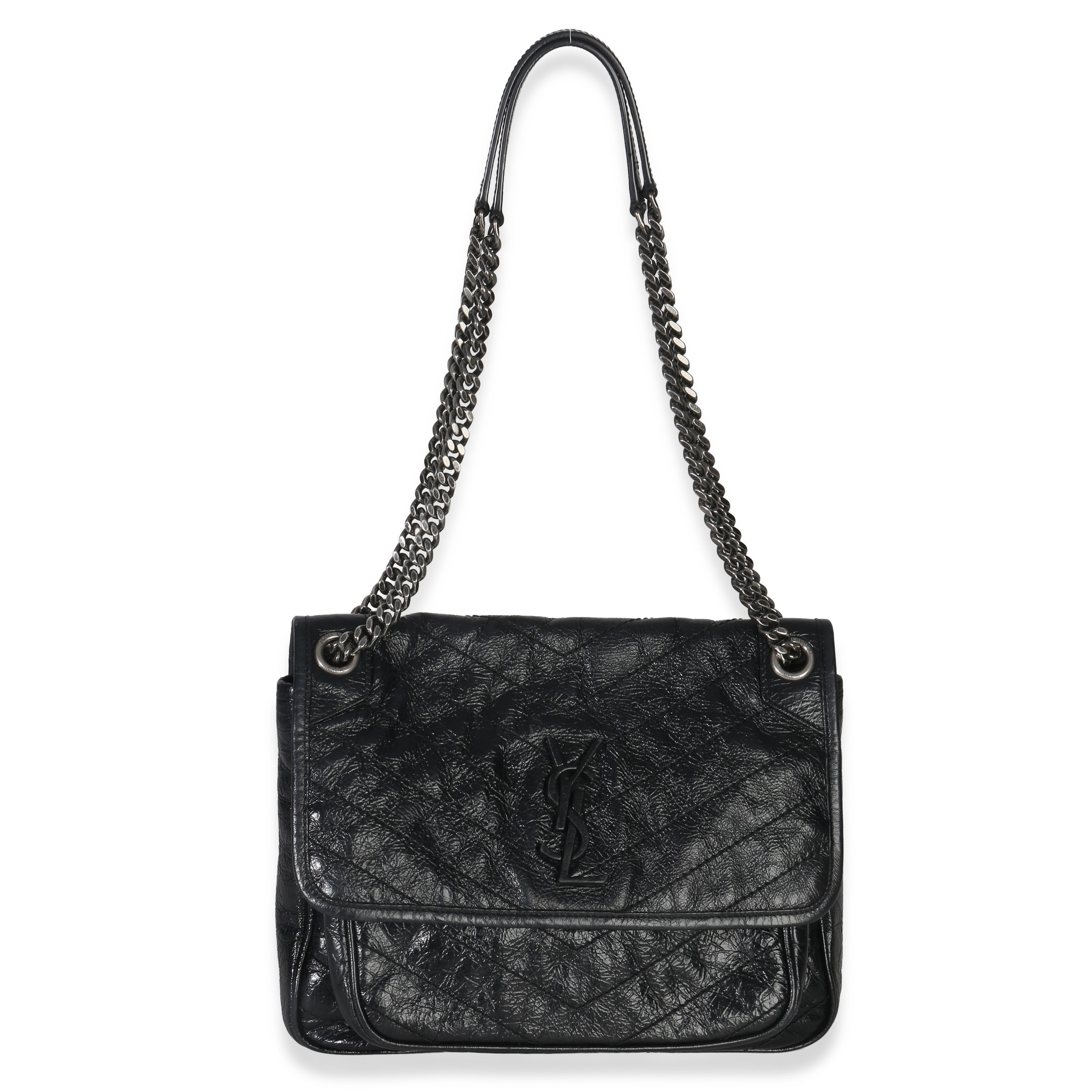 Saint Laurent Black Crinkled Calfskin Matelasse Medium Niki Chain Satchel