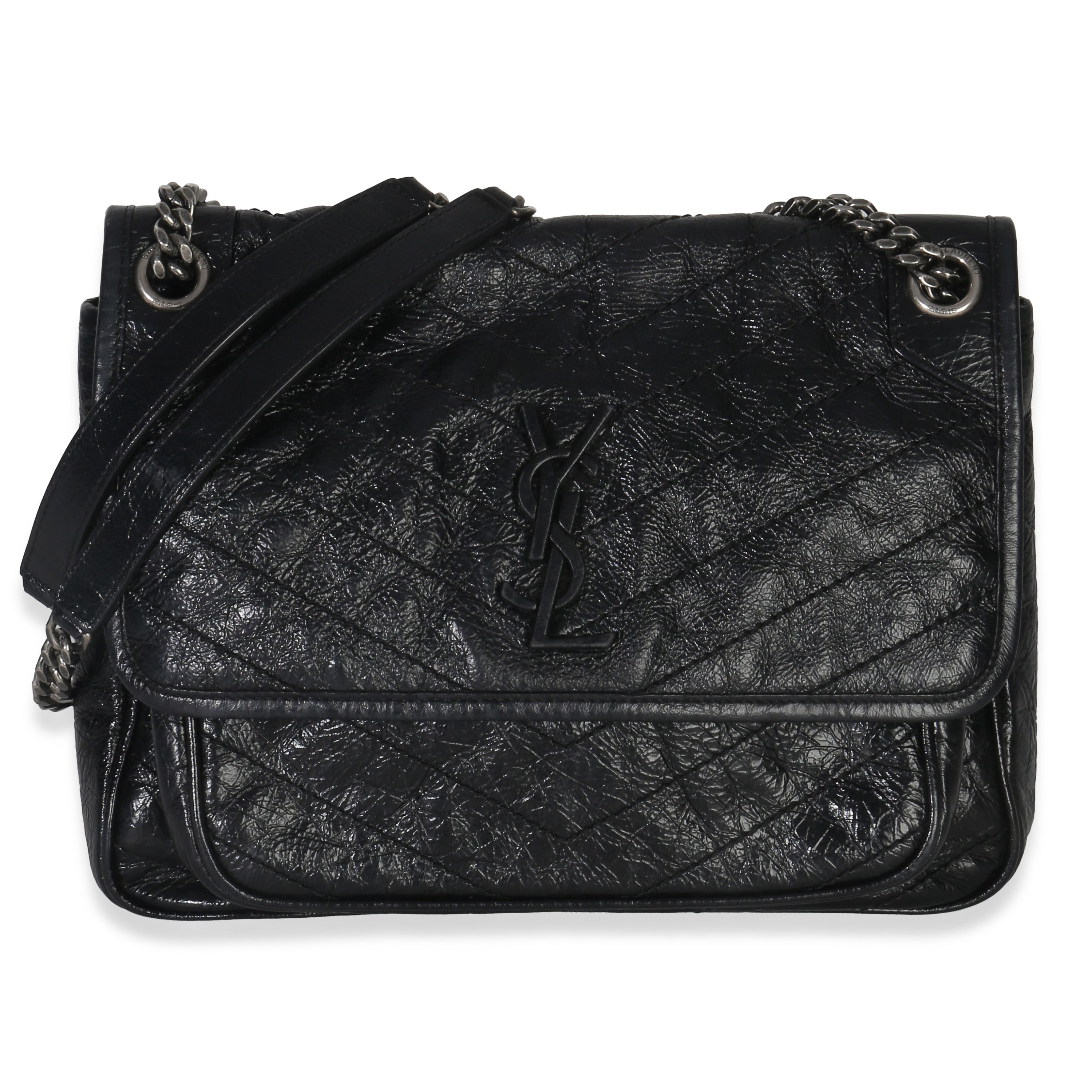 Saint Laurent Black Crinkled Calfskin Matelasse Medium Niki Chain Satchel