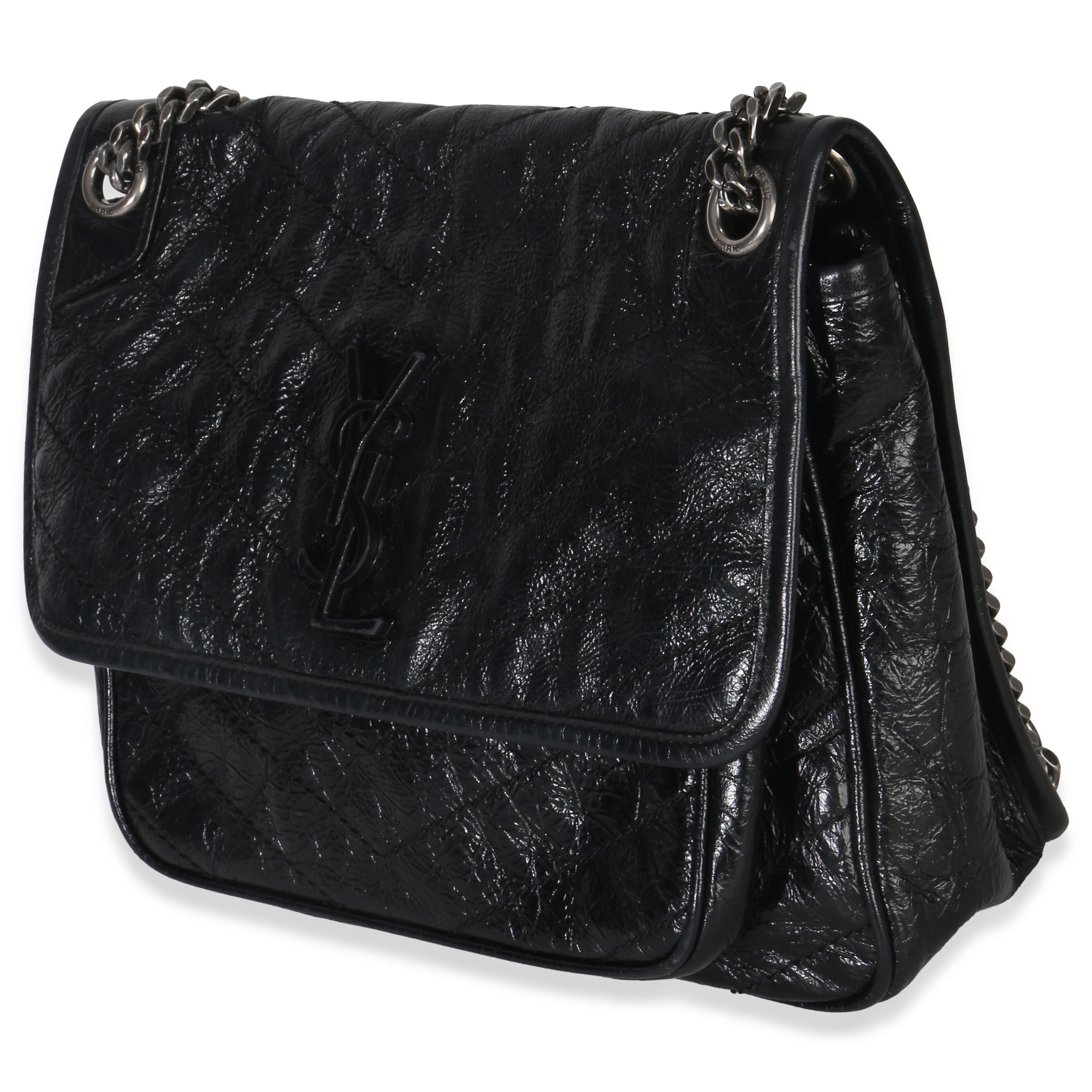Saint Laurent Black Crinkled Calfskin Matelasse Medium Niki Chain Satchel