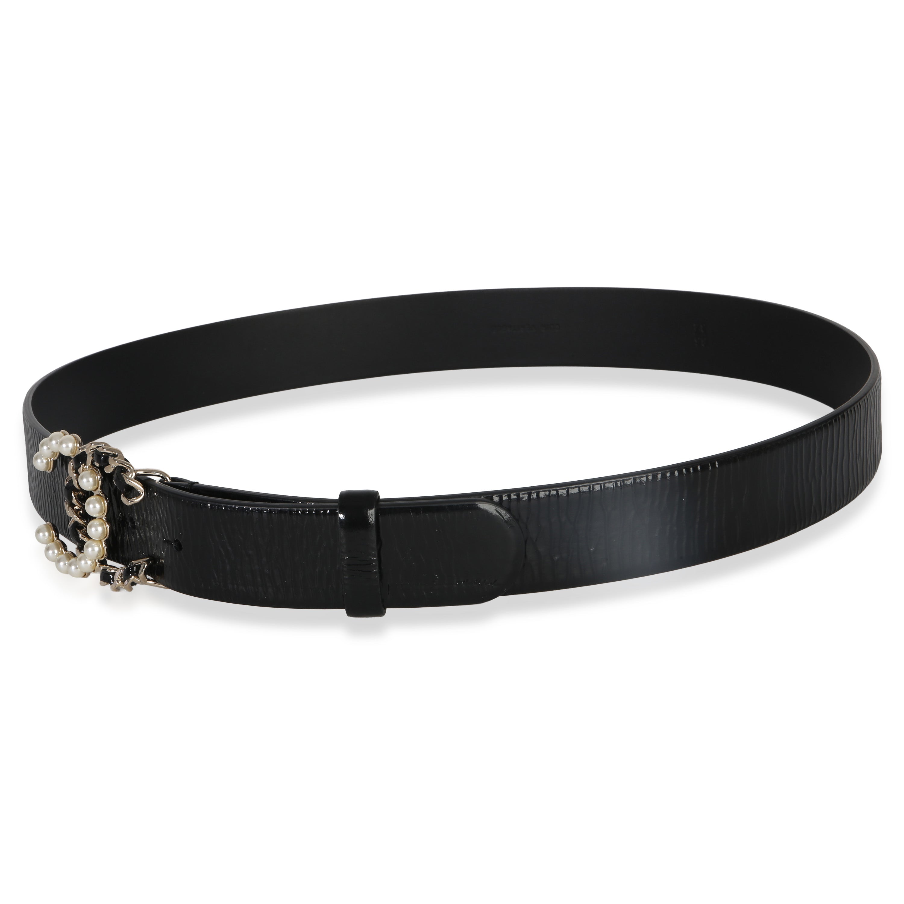 Chanel Black Crumpled Calfskin Pearl CC Buckle Belt 85/34