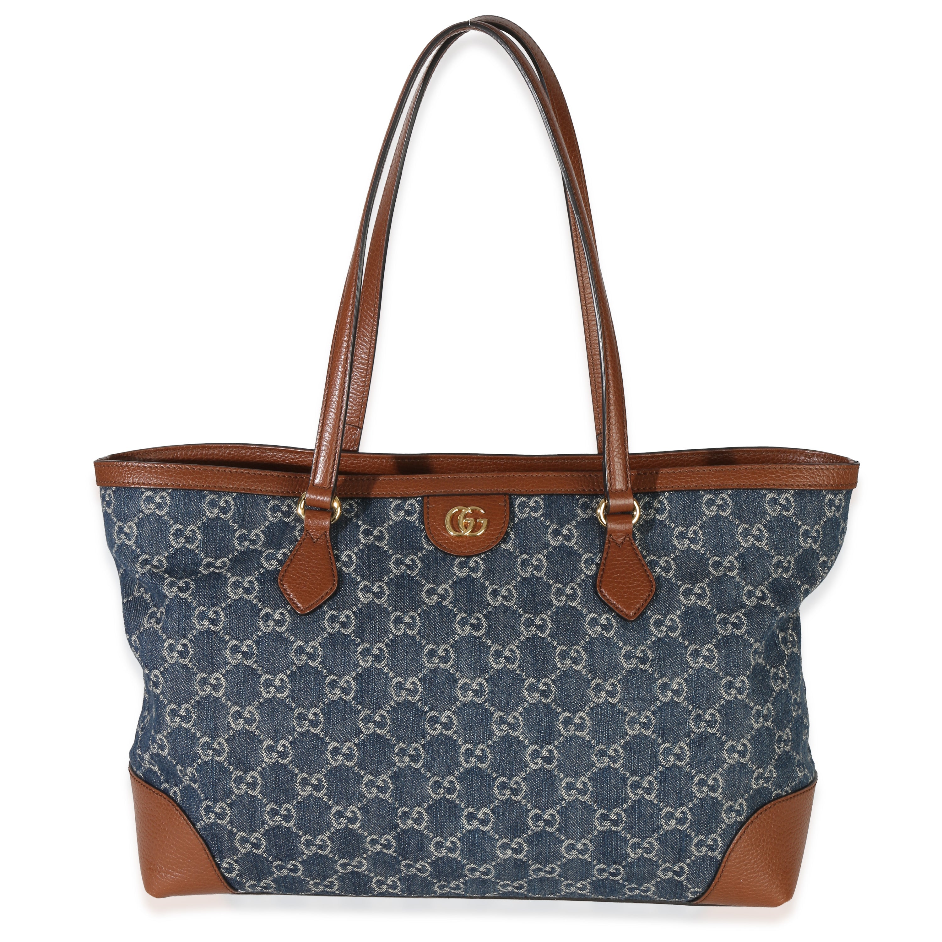 Gucci Blue New Denim GG Monogram Dollar Calfskin Medium Ophidia Shopping Tote