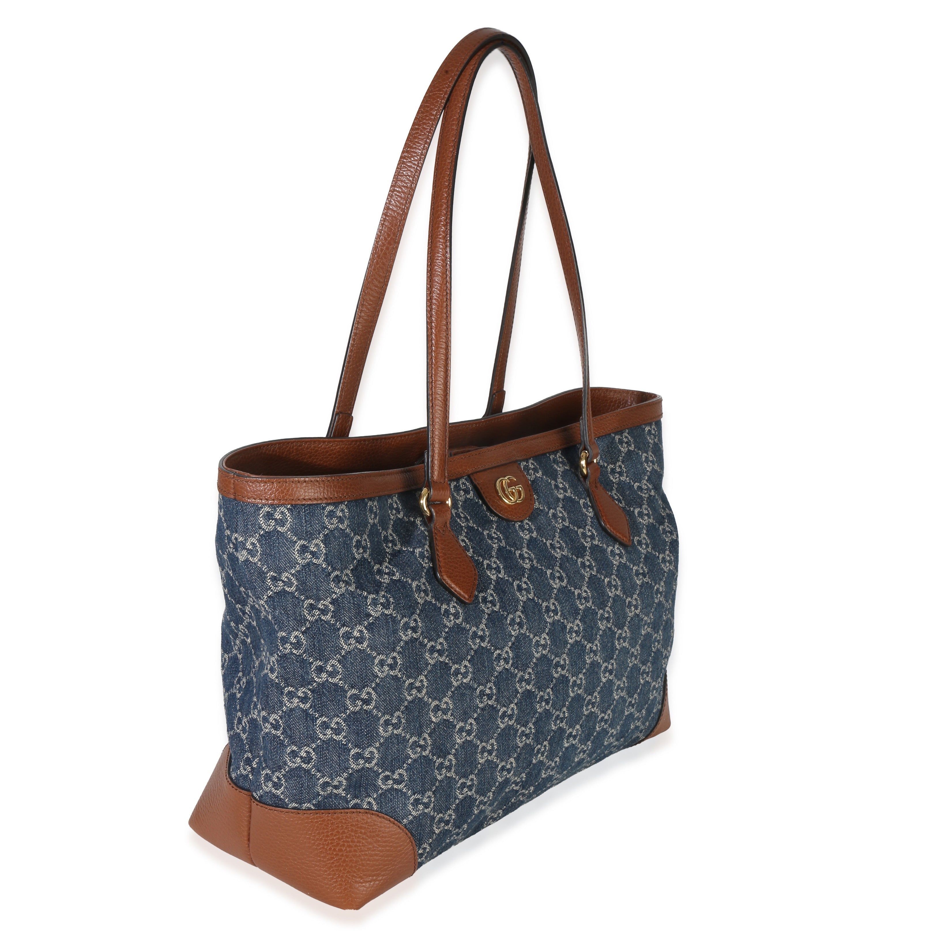 Gucci Blue New Denim GG Monogram Dollar Calfskin Medium Ophidia Shopping Tote