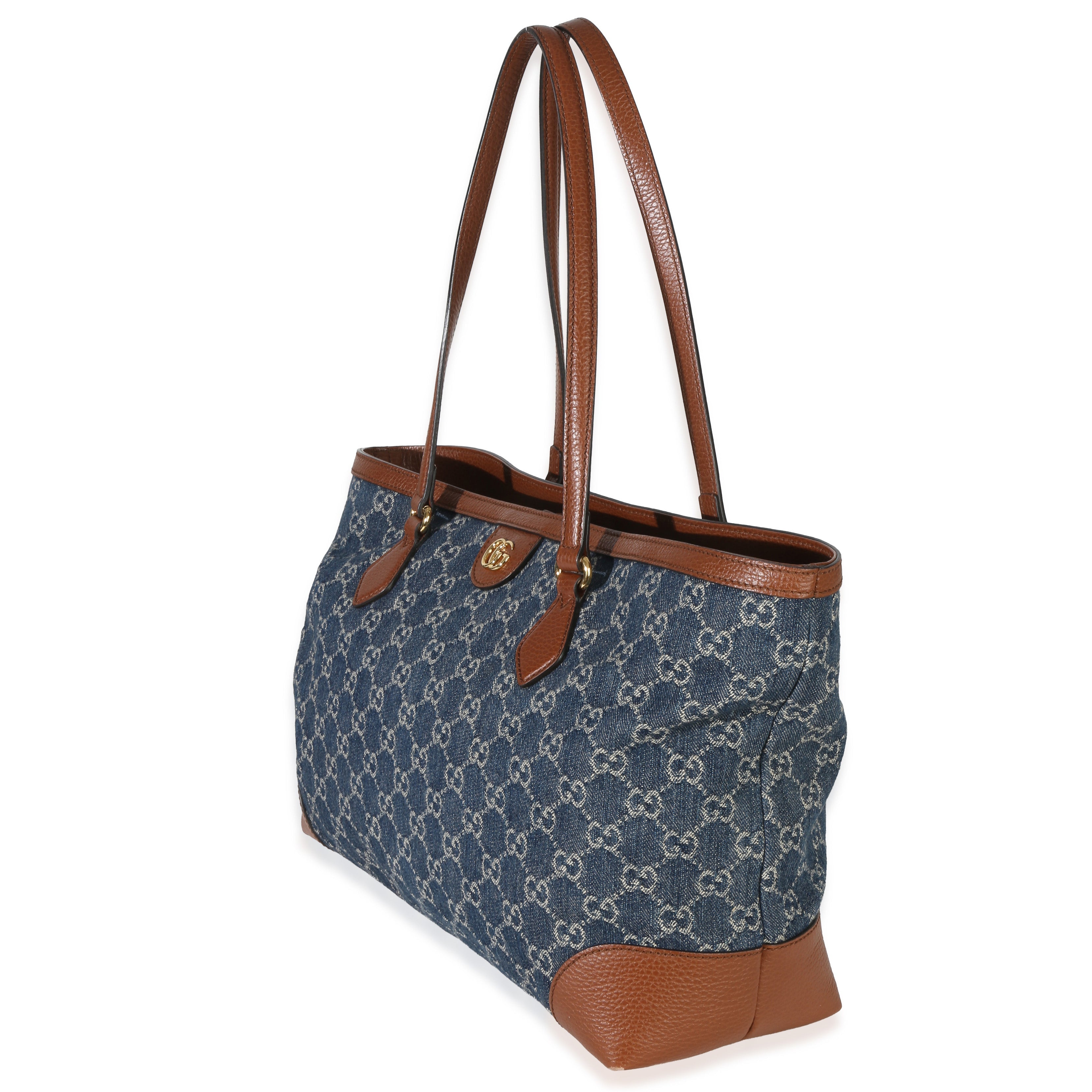 Gucci Blue New Denim GG Monogram Dollar Calfskin Medium Ophidia Shopping Tote