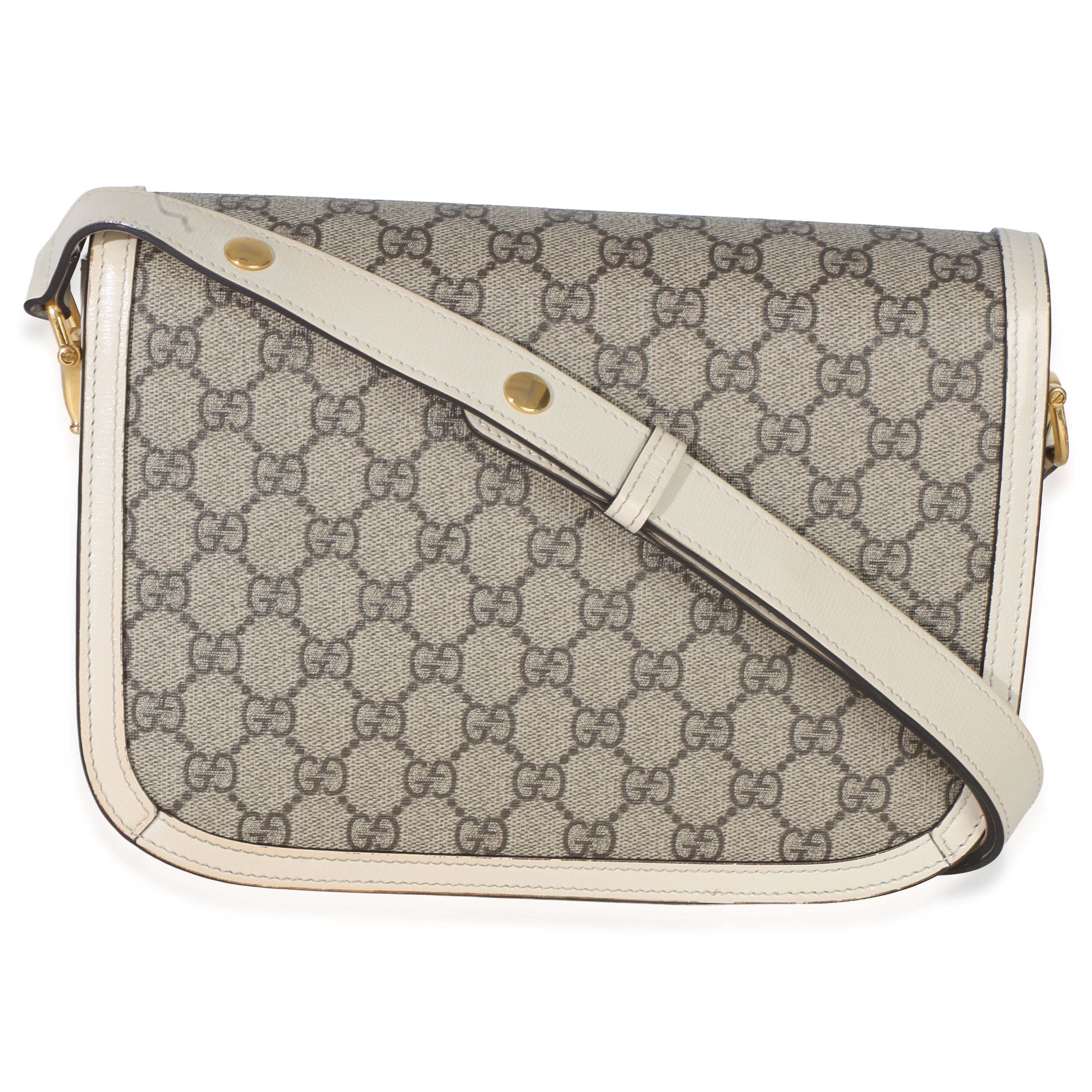 Gucci Mystic White Beige GG Supreme Azalea Calfskin Horsebit 1955 Shoulder Bag