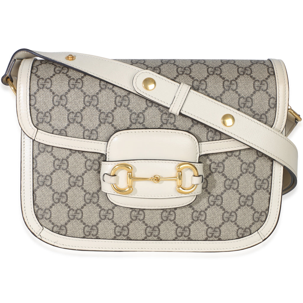 Gucci Mystic White Beige GG Supreme Azalea Calfskin Horsebit 1955 Shoulder Bag