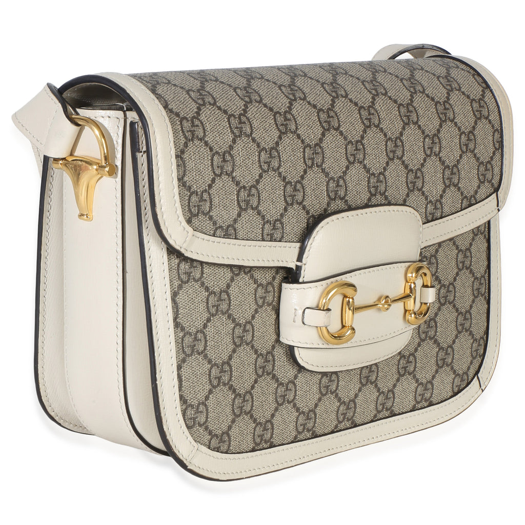 Gucci Mystic White Beige GG Supreme Azalea Calfskin Horsebit 1955 Shoulder Bag