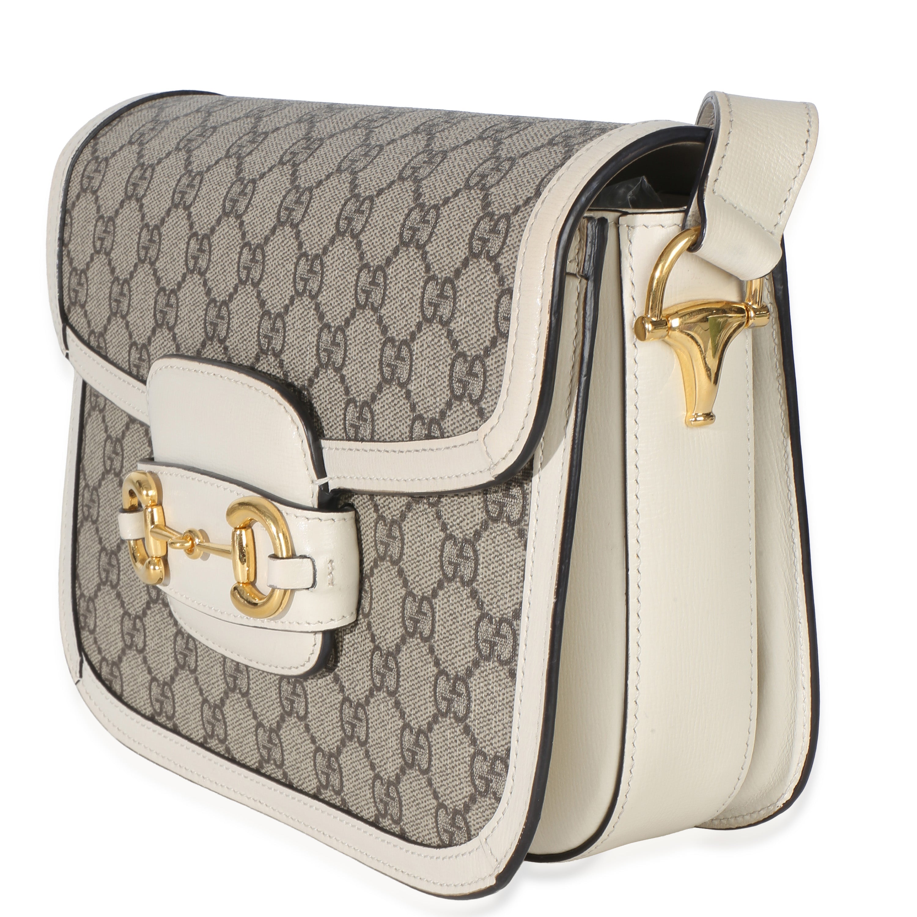 Gucci Mystic White Beige GG Supreme Azalea Calfskin Horsebit 1955 Shoulder Bag