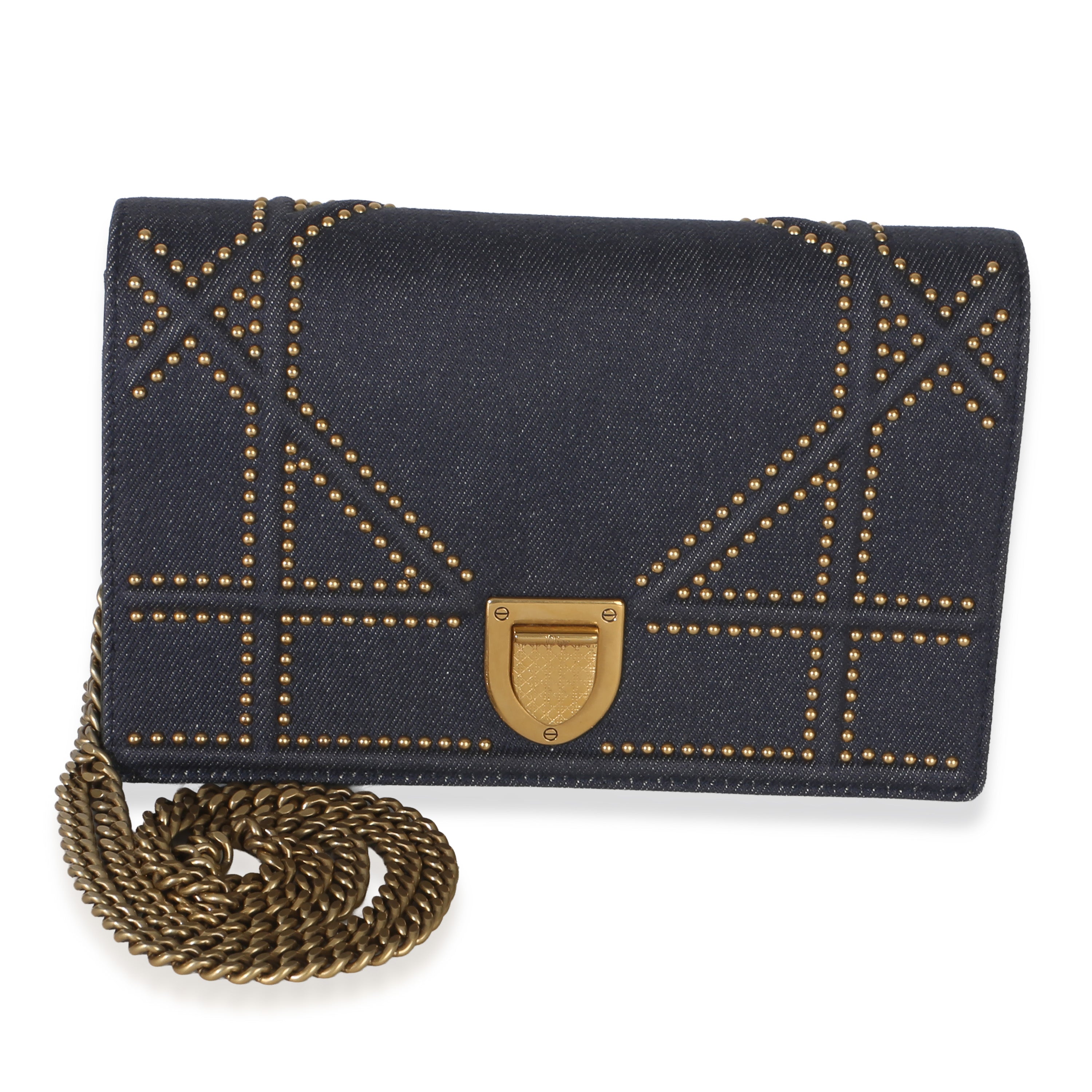 Christian Dior Blue Denim Studded Diorama Wallet On Chain