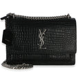 Saint Laurent Black Croc Embossed Calfskin Medium Monogram Sunset Bag