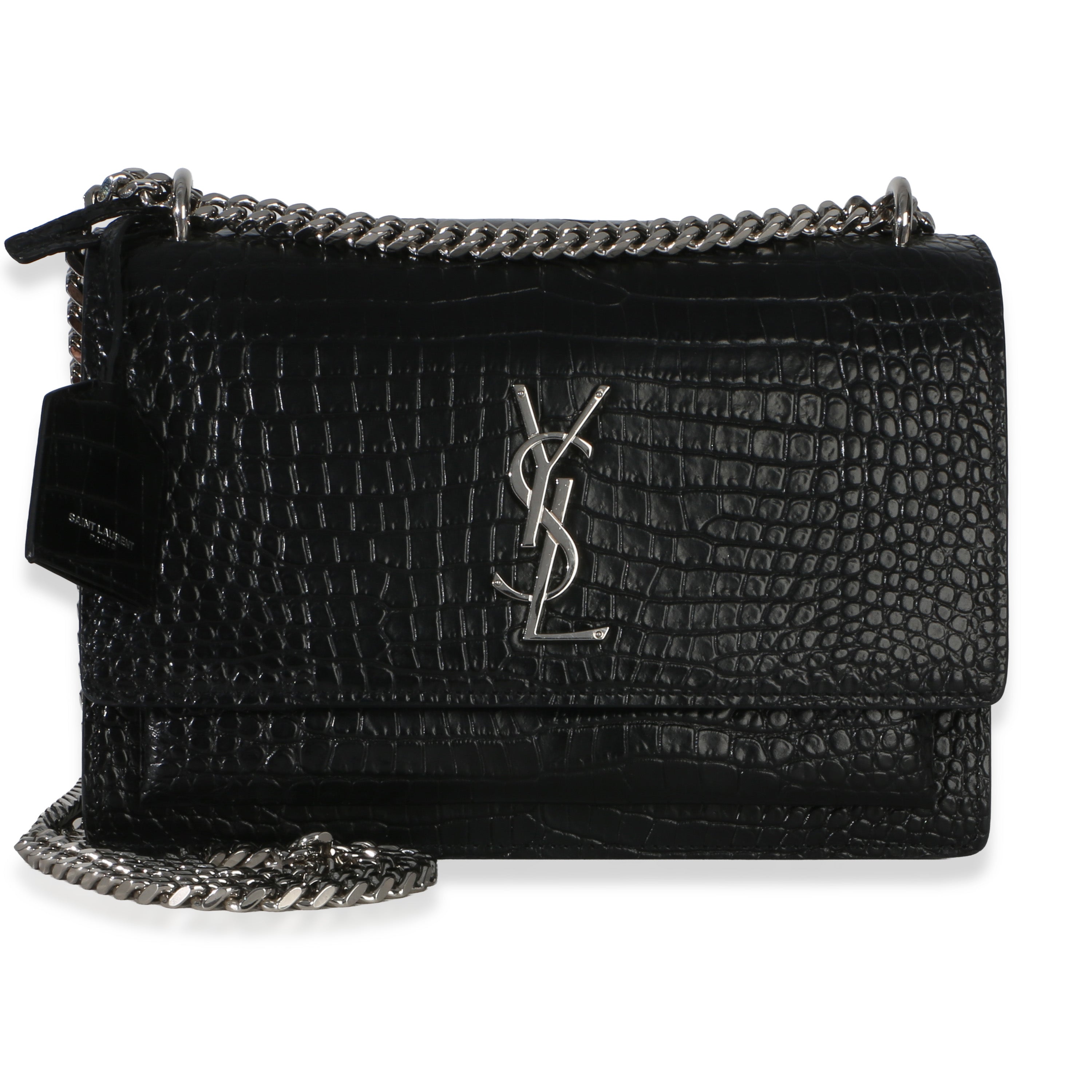 Saint Laurent Black Croc Embossed Calfskin Medium Monogram Sunset Bag