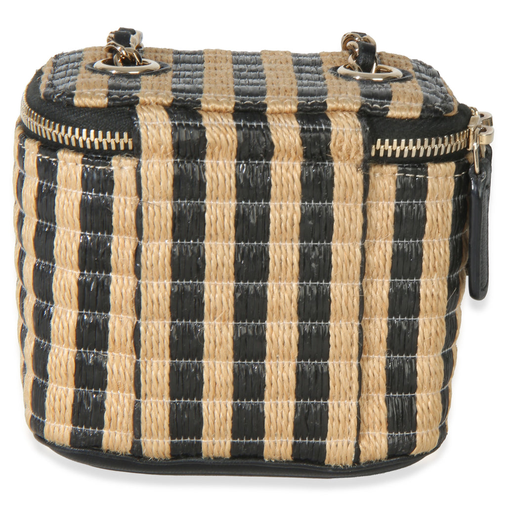 Chanel Black Beige Raffia Jute Striped Mini Vanity Case With Chain