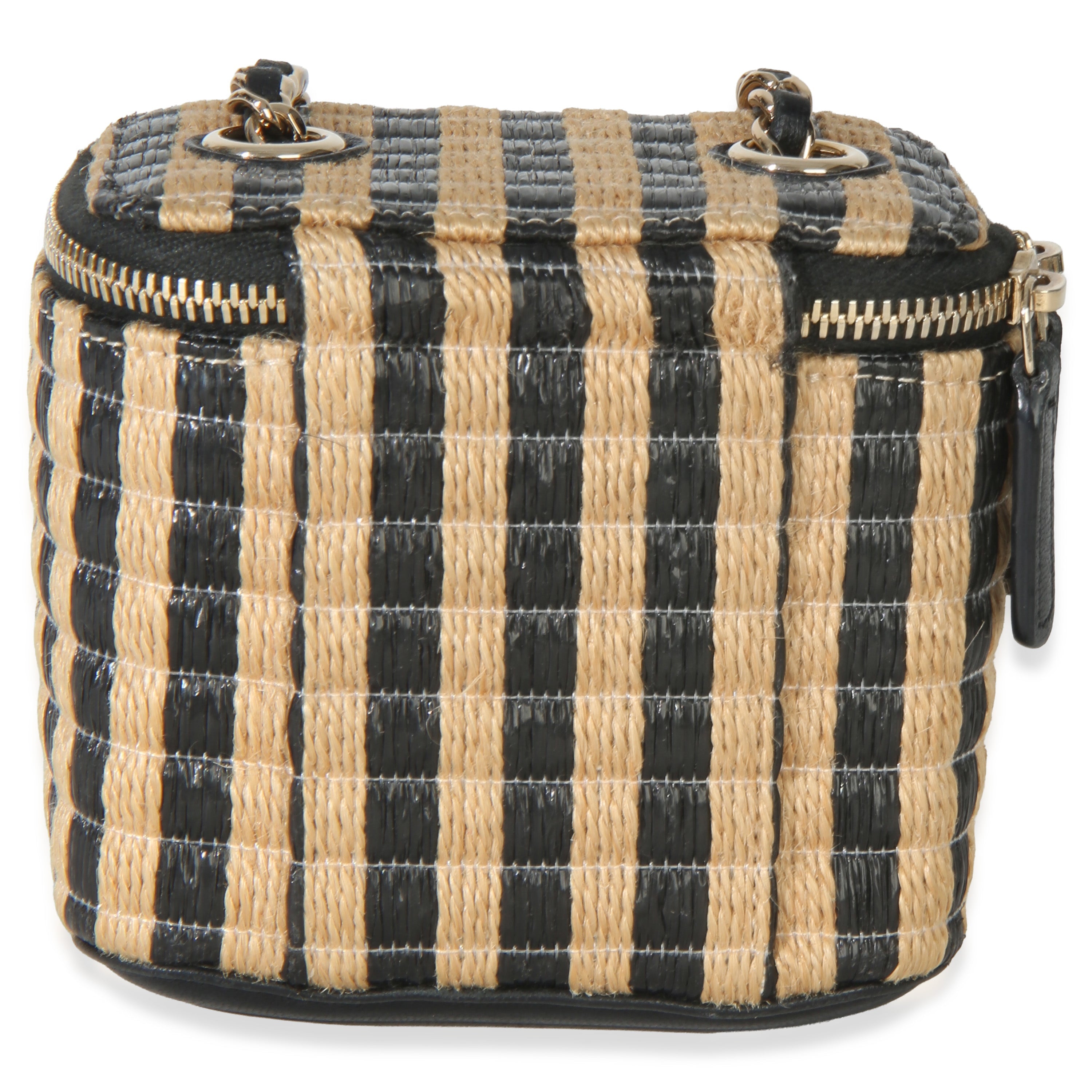 Chanel Black Beige Raffia Jute Striped Mini Vanity Case With Chain
