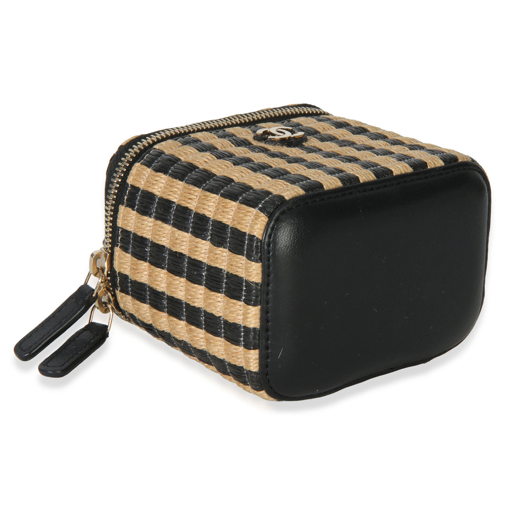 Chanel Black Beige Raffia Jute Striped Mini Vanity Case With Chain