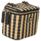 Chanel Black Beige Raffia Jute Striped Mini Vanity Case With Chain